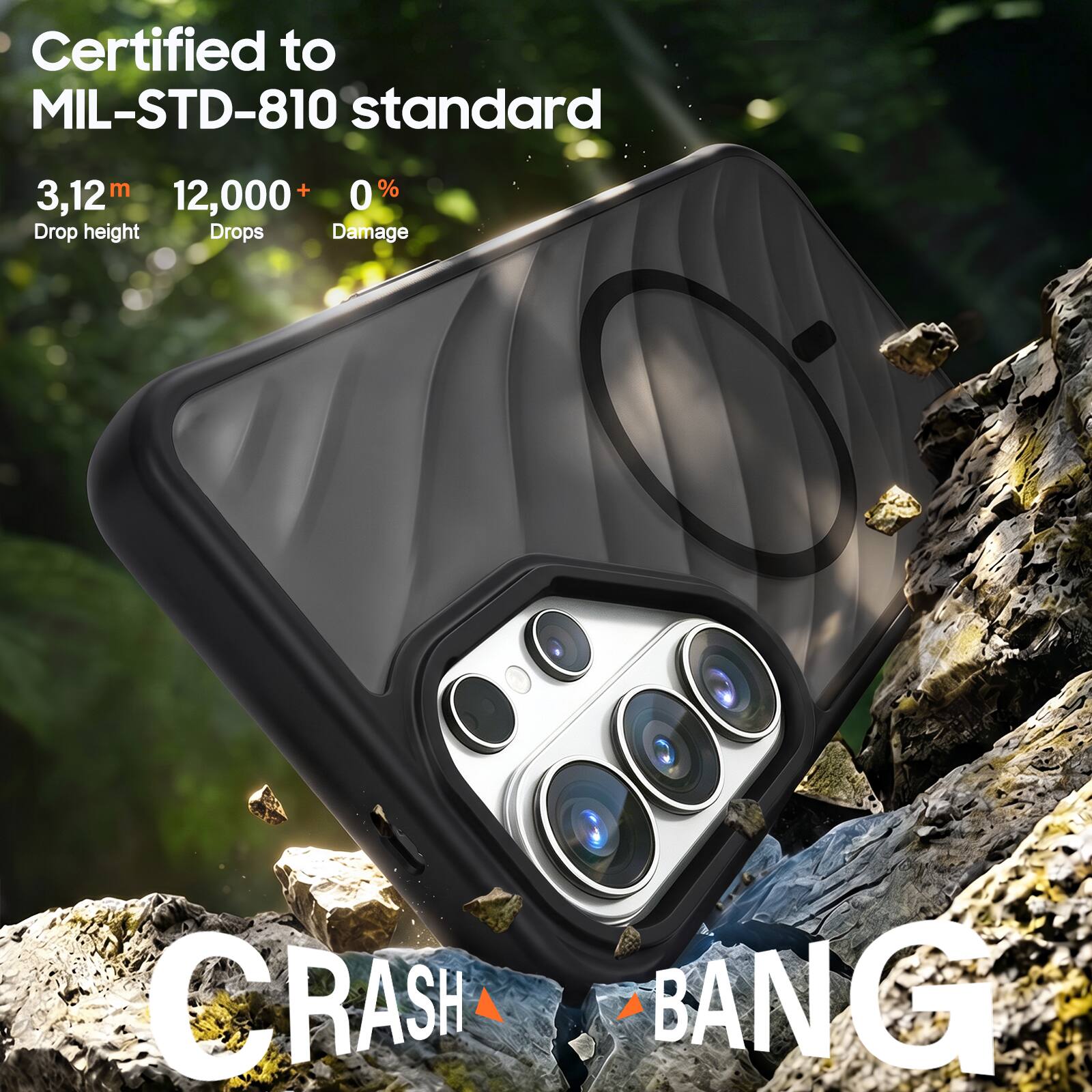Certified to MIL-STD-810 standard

3,12 m
12,000 + Drops
0% Damage

CRASH BANG