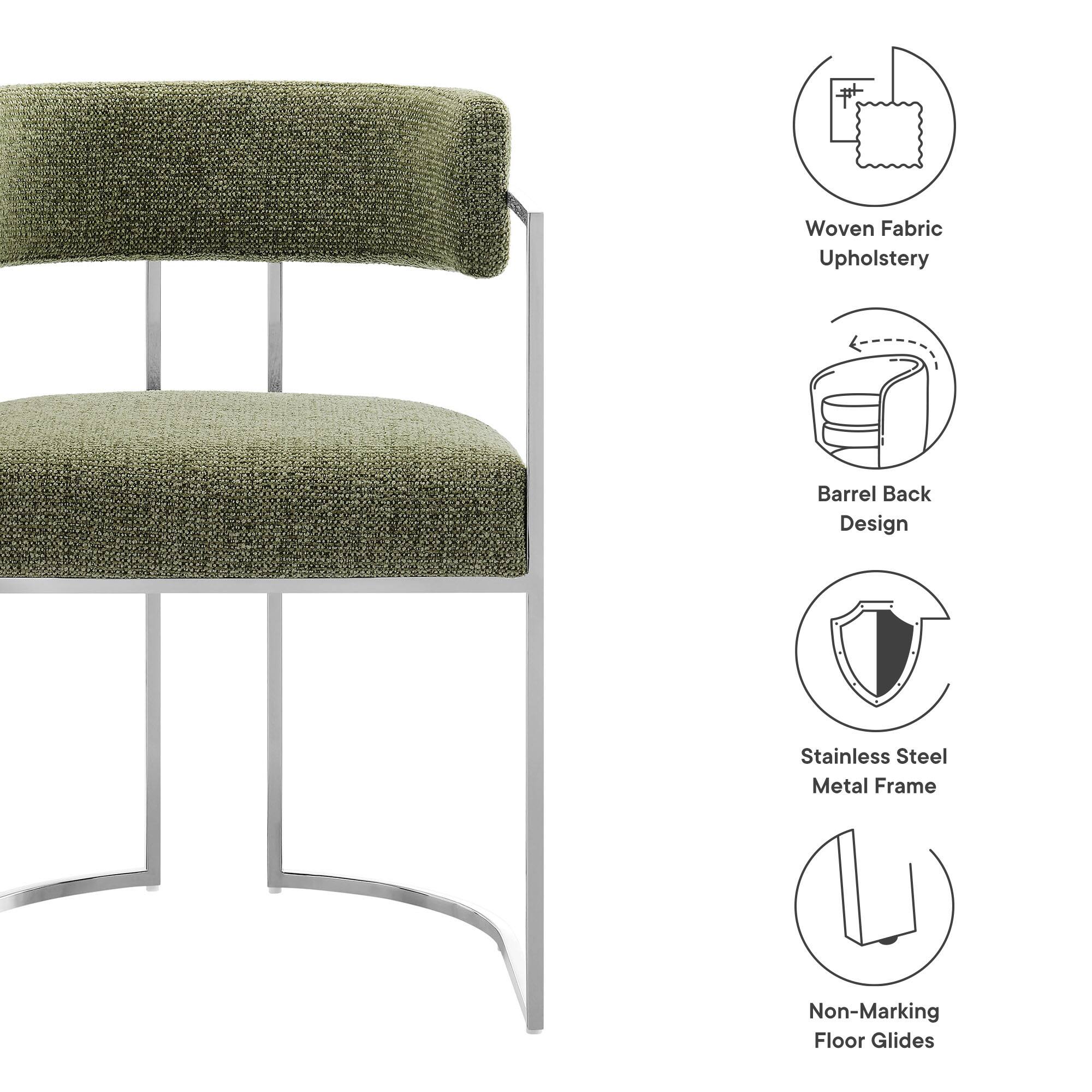 - Woven Fabric Upholstery
- Barrel Back Design
- Stainless Steel Metal Frame
- Non-Marking Floor Glides
