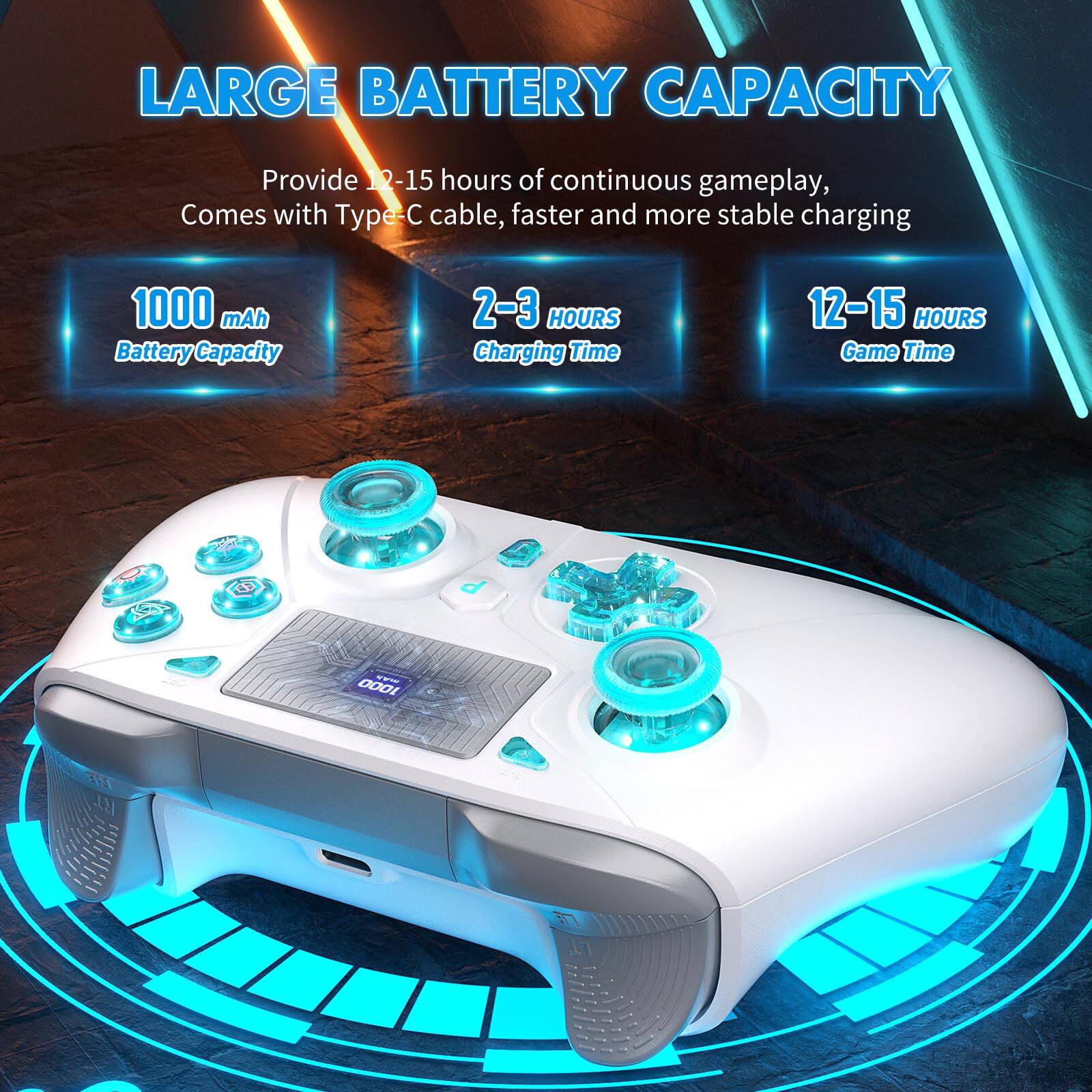 LARGE BATTERY CAPACITY  
Provide 12-15 hours of continuous gameplay,  
Comes with Type-C cable, faster and more stable charging  

1000 mAh Battery Capacity  
2-3 HOURS Charging Time  
12-15 HOURS Game Time