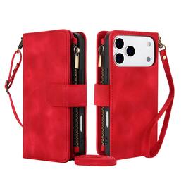 Dteck - RFID Blocking Zipper Wallet Pocket 9 Cards For iPhone 17 Pro Max PU Leather Stand Crossbody Strap Cover - Red