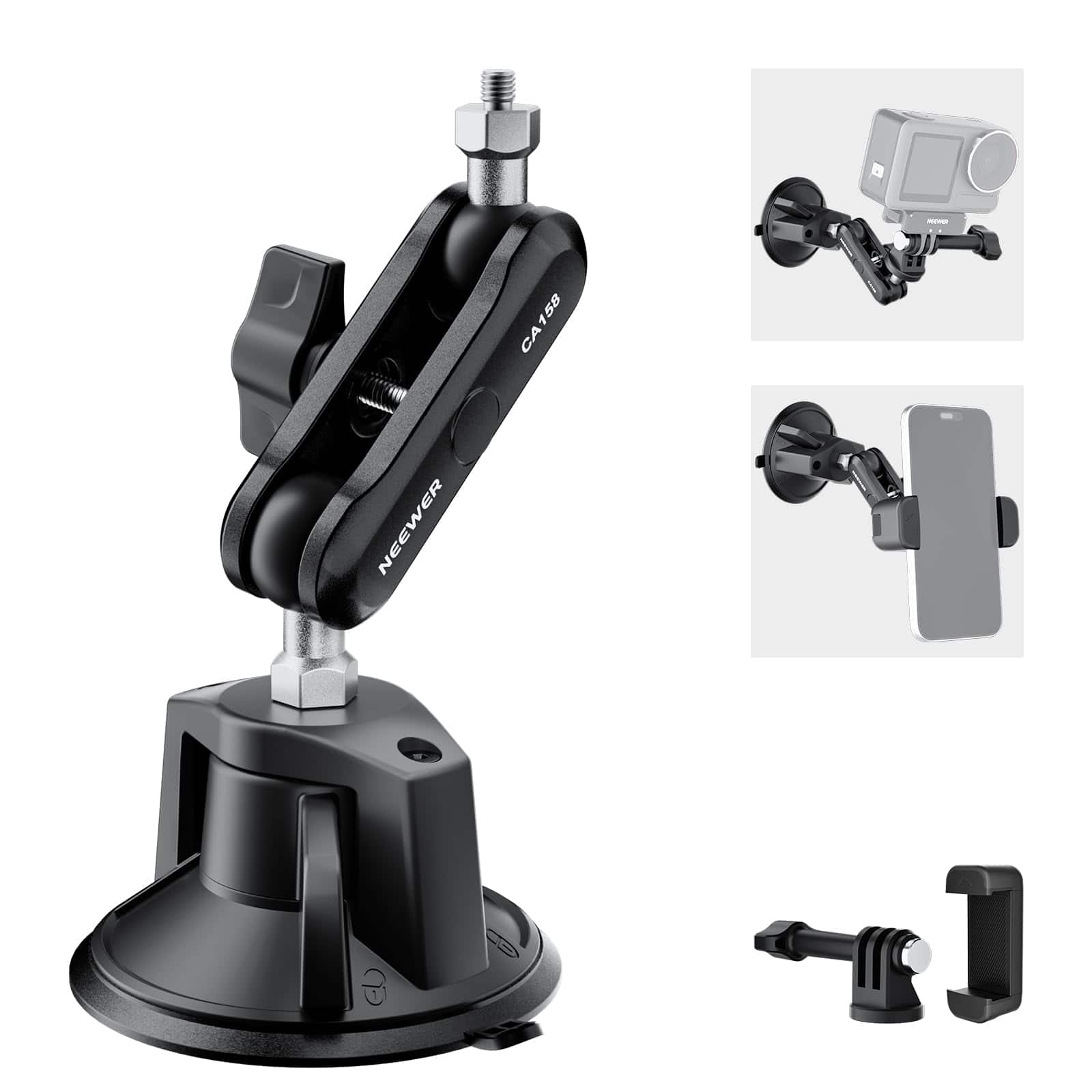 Neewer - Suction Cup Car Mount for Phone & Action Camera - 360° Magic Arm for Windshield POV Video