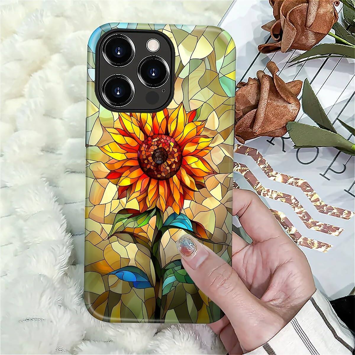 Alt View 6. BUBM - Smartphone Case for iPhone 16 Pro Max - 2-Layer Durable Smartphone Protection Case - Stained Glass Sunflower.