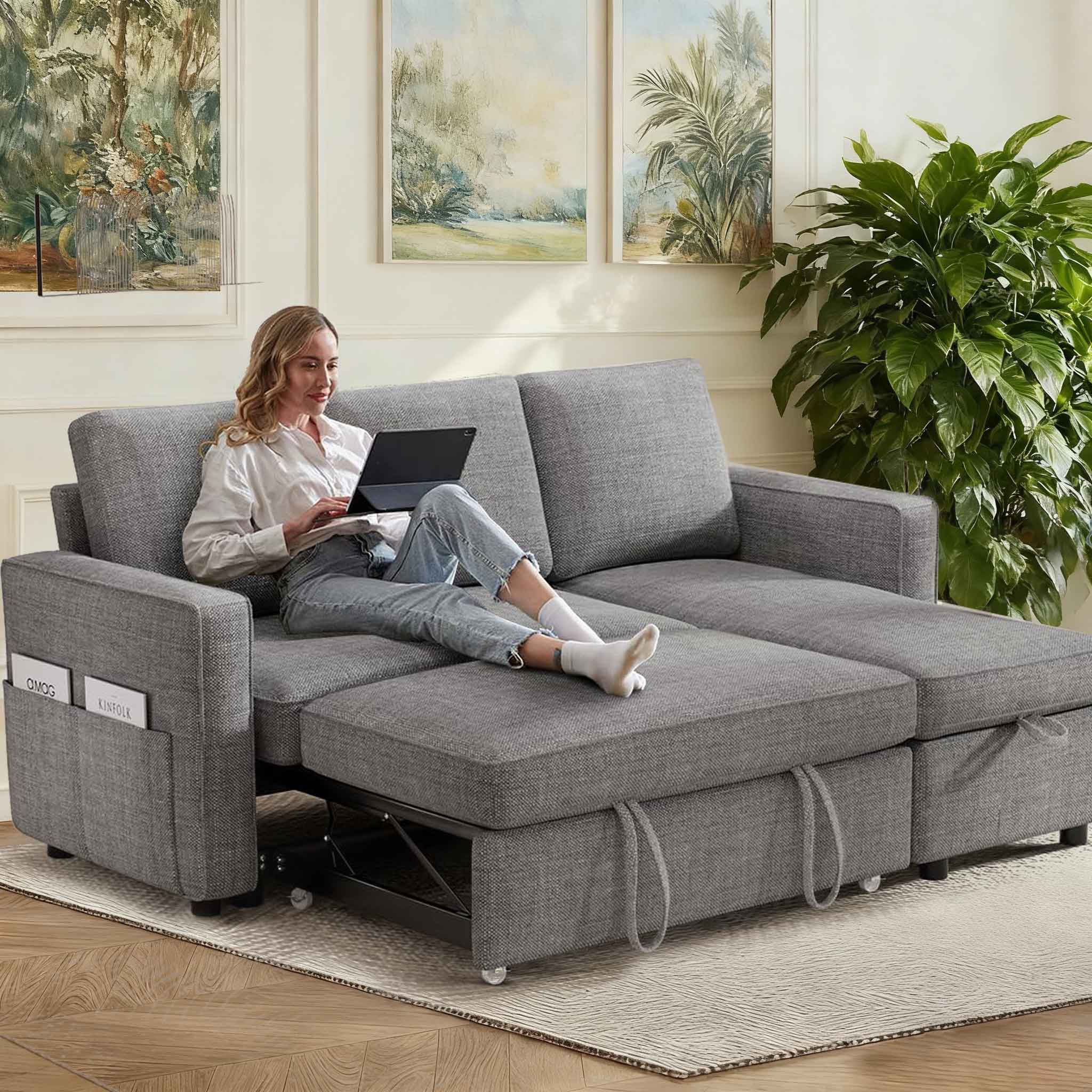 Vipbear - 81" Sleeper Sofa Bed, Pull Out Couch with Reversible Storage Chaise, Light Grey - Light Gray