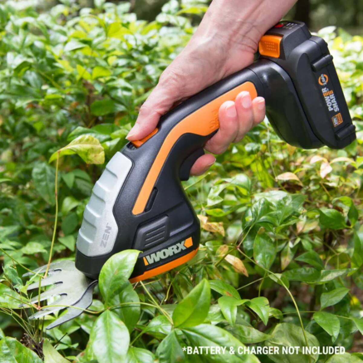 The text on the image reads "WORX *BATTERY & CHARGER NOT INCLUDED".