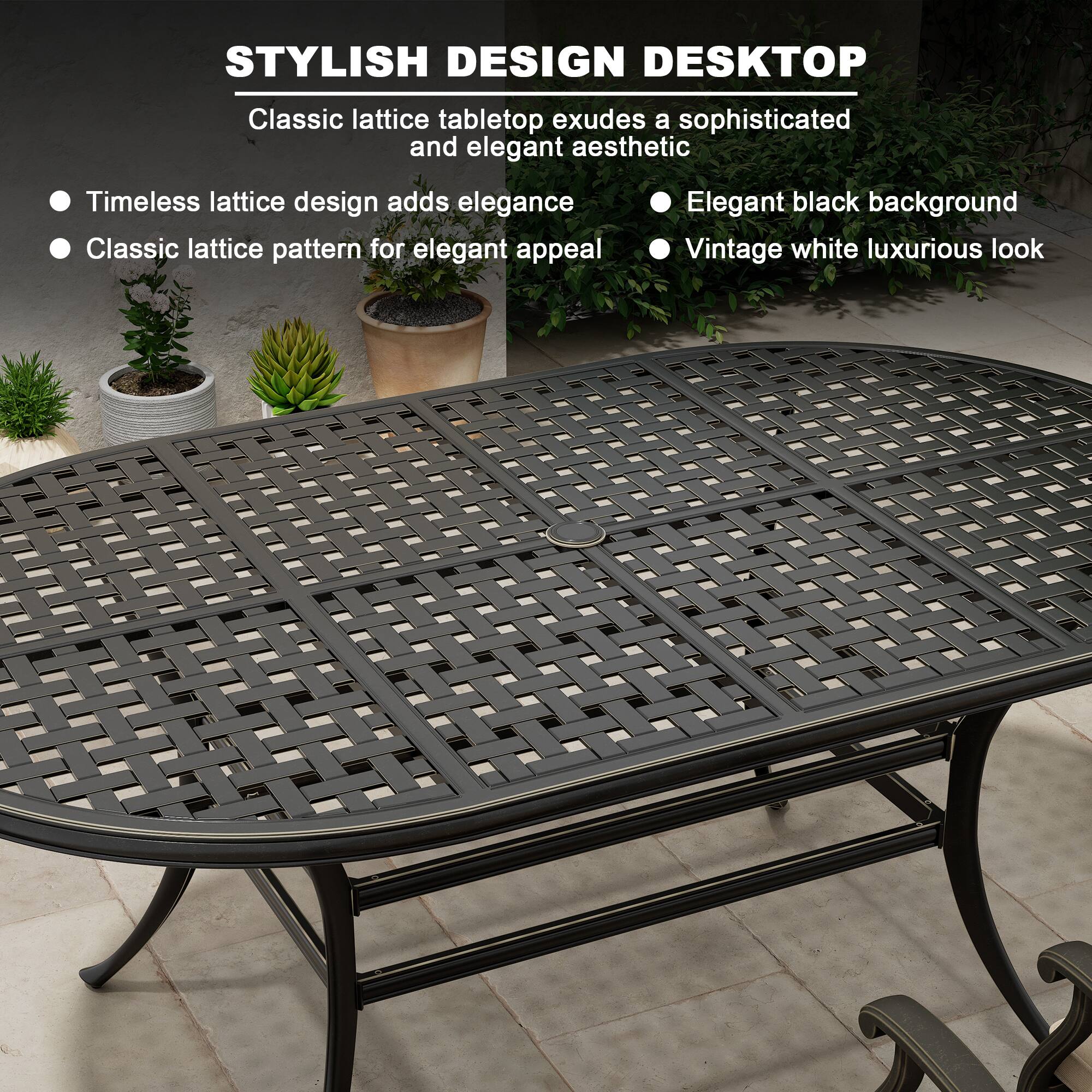 STYLISH DESIGN DESKTOP

Classic lattice tabletop exudes a sophisticated and elegant aesthetic

- Timeless lattice design adds elegance
- Classic lattice pattern for elegant appeal
- Elegant black background
- Vintage white luxurious look