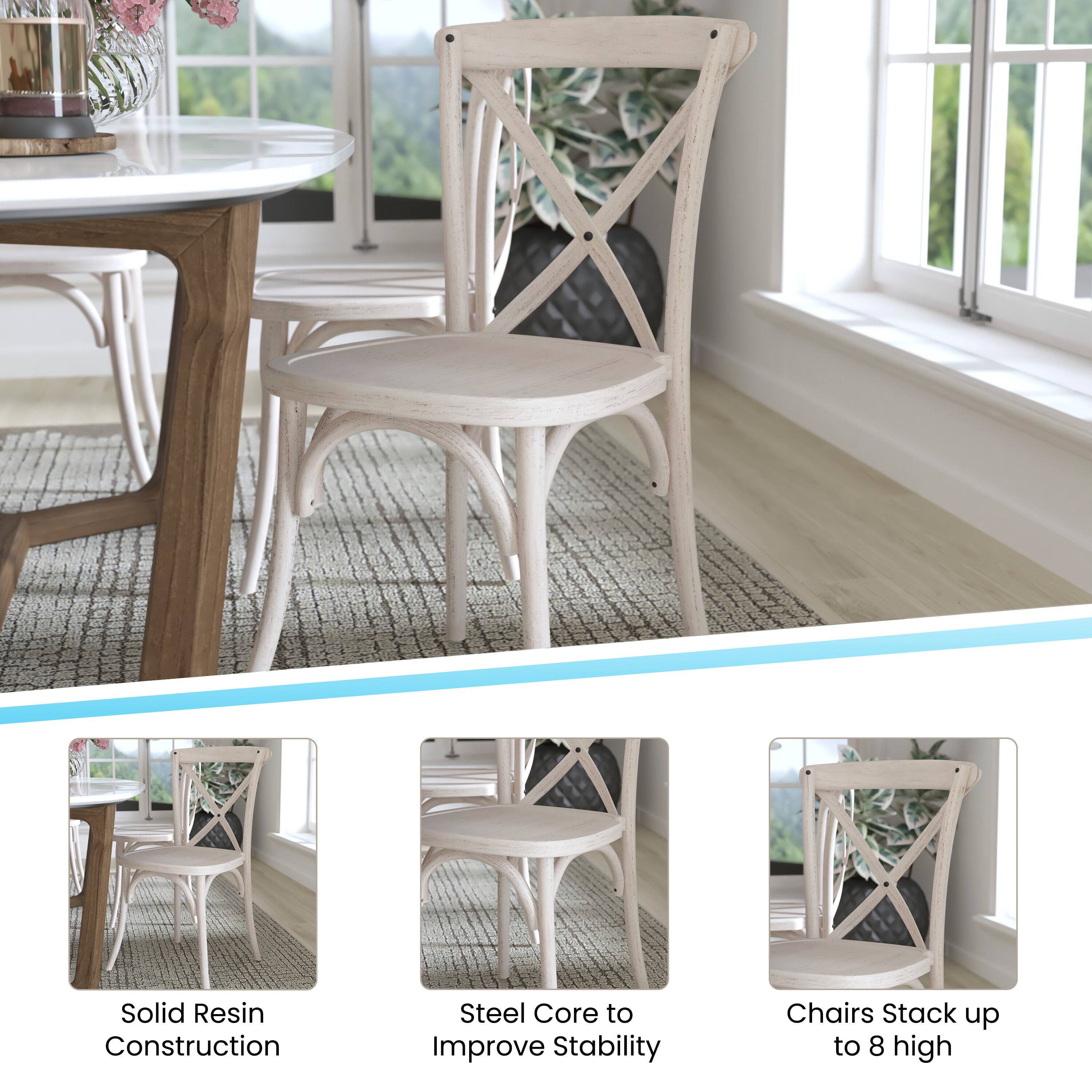 Solid Resin Construction  
Steel Core to Improve Stability  
Chairs Stack up to 8 high