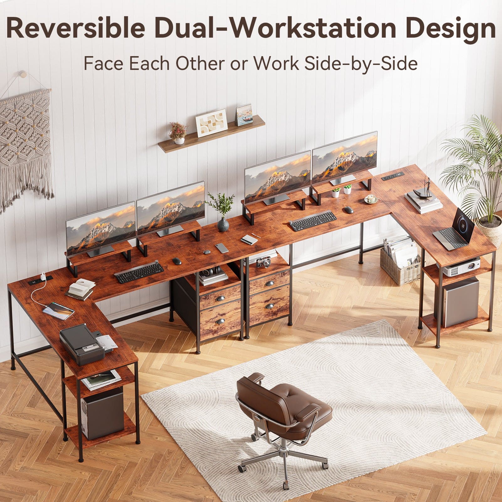 Furnulem - 66 Inch LShaped Computer Desk with Dual Monitor Stands Power Outlet Cabinet Drawers Metal Base Gaming Writing Desk - Brown