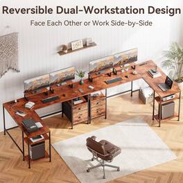 Furnulem - 66 Inch LShaped Computer Desk with Dual Monitor Stands Power Outlet Cabinet Drawers Metal Base Gaming Writing Desk - Brown