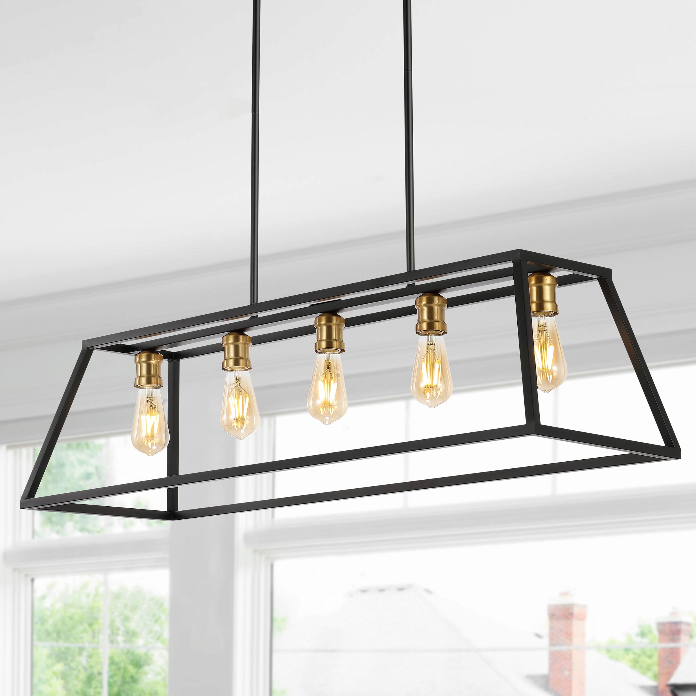 Alt View 1. Jonathan Y - Floyd 38" 5-Light Bohemian Farmhouse Iron Adjustable LED Pendant, Black/Brass Gold - Black.