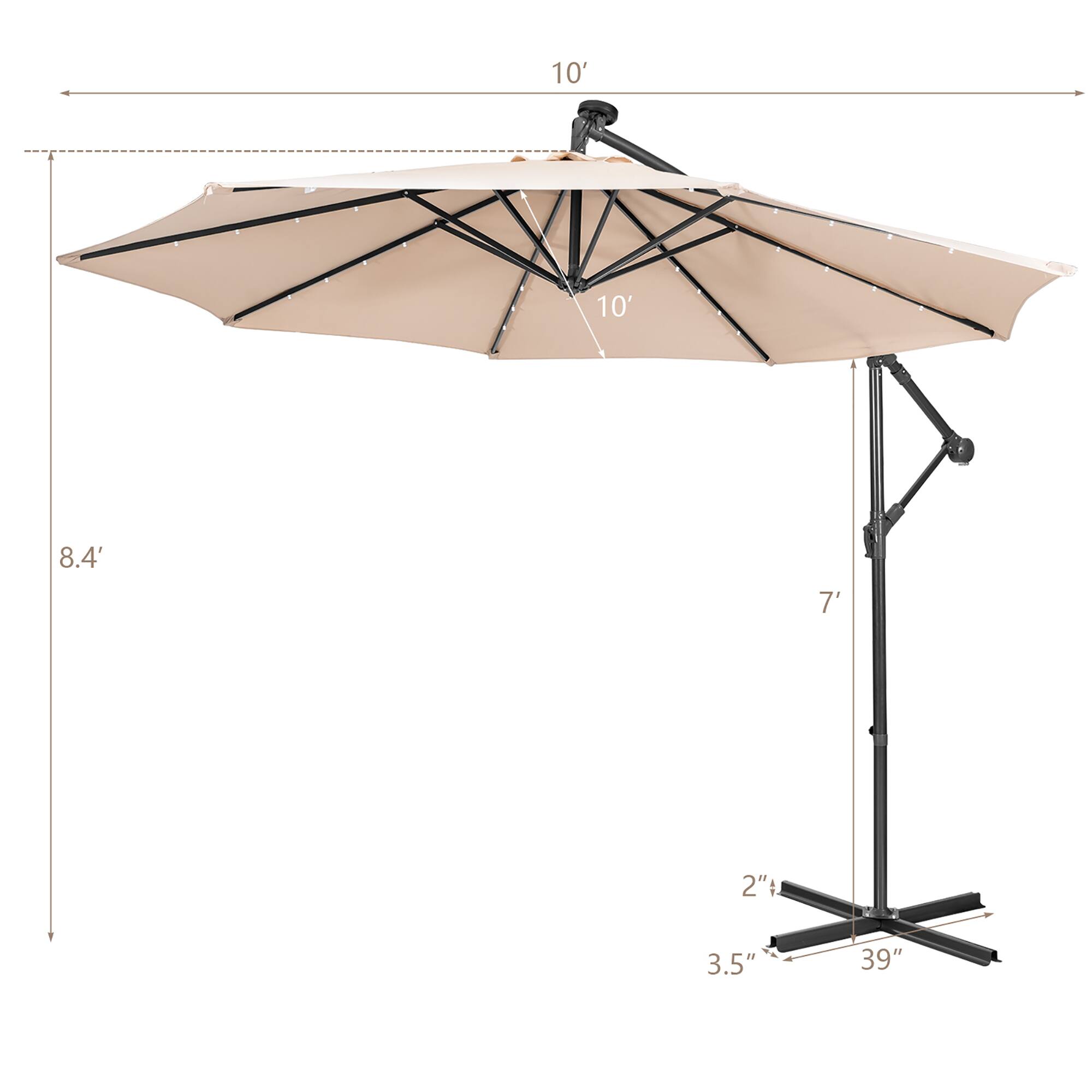 The text on the image reads: "10' 10' 8.4' 7' 2": 3.5" 39". This indicates that the umbrella is 10 feet in diameter, and the pole is 8.4 feet tall. The umbrella is also 7 feet in diameter, and the pole is 3.5 feet tall.