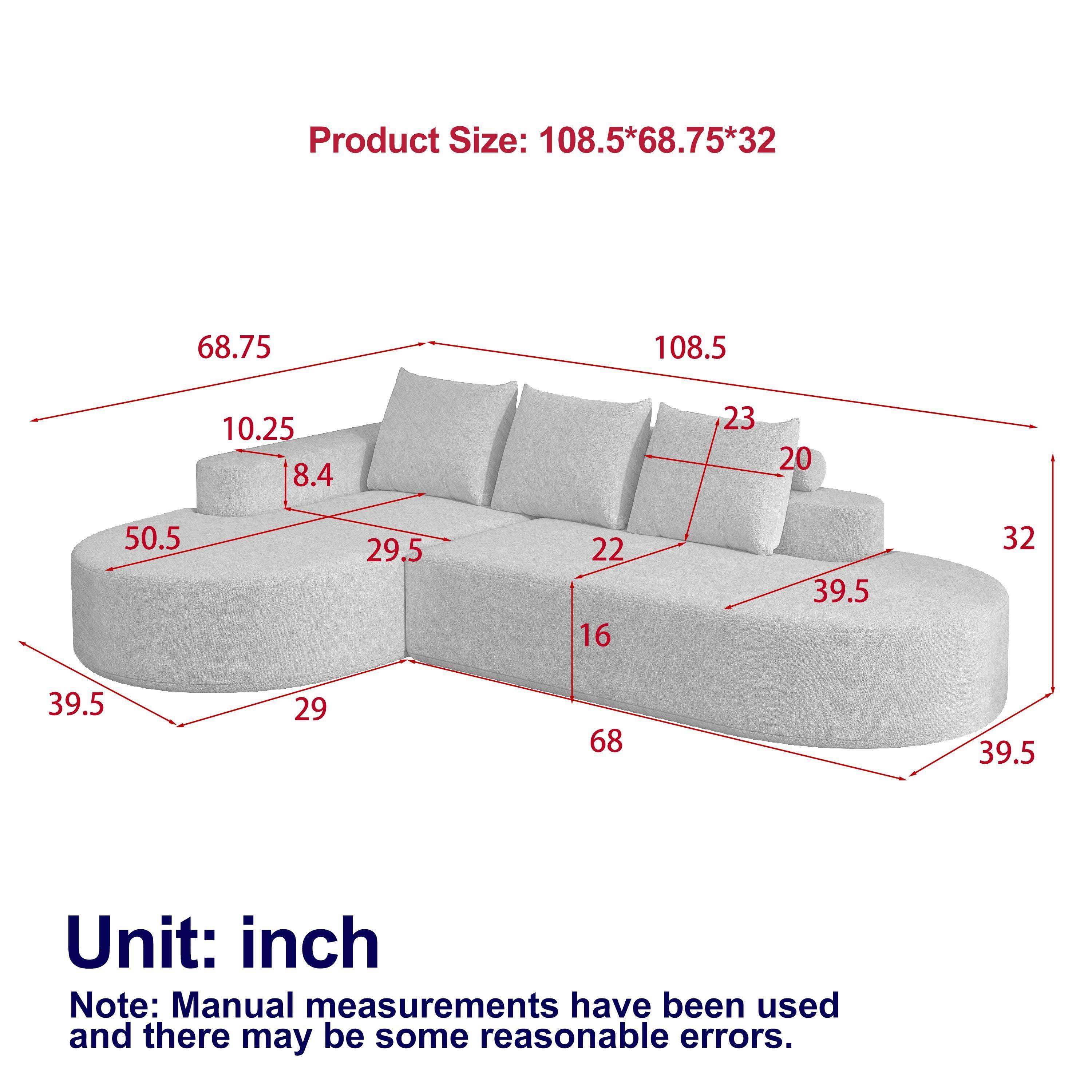Roomtec - Modern Curved sofa Chenille Upholstered Sectional Sofa Couch SetModular 108.5 inch L Shaped Sectional Living Room Sofa - Gray