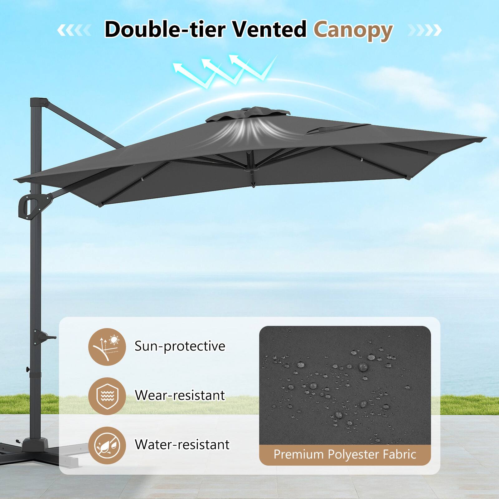 Double-tier Vented Canopy

Sun-protective
Wear-resistant
Water-resistant

Premium Polyester Fabric