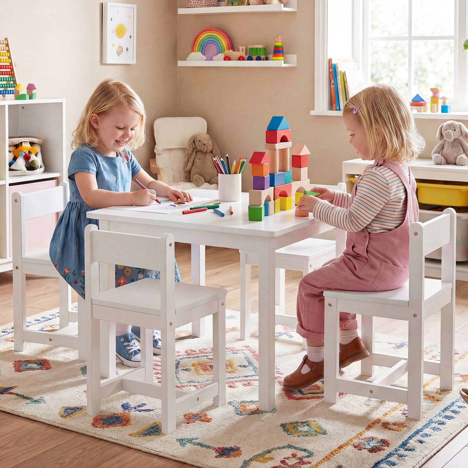 Alt View 3. Gymax - Gymax 5-Piece Kids Table and Chairs Set Solid Rubber Wood Toddler Activity Table White - White.