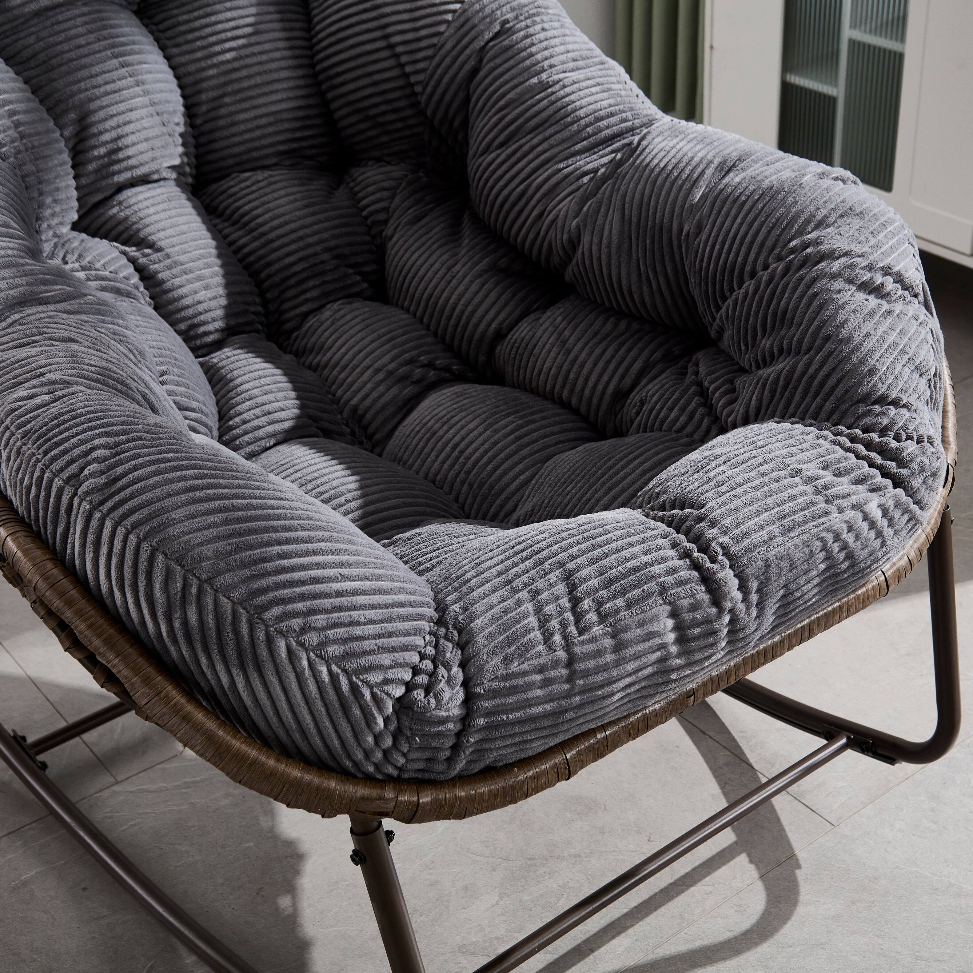 Back. Whisen - Oversized 1-Piece Rattan Rocking Chair, Outdoor Patio Rocker with Thick Padded Cushion & Sturdy Steel Frame - Gray.