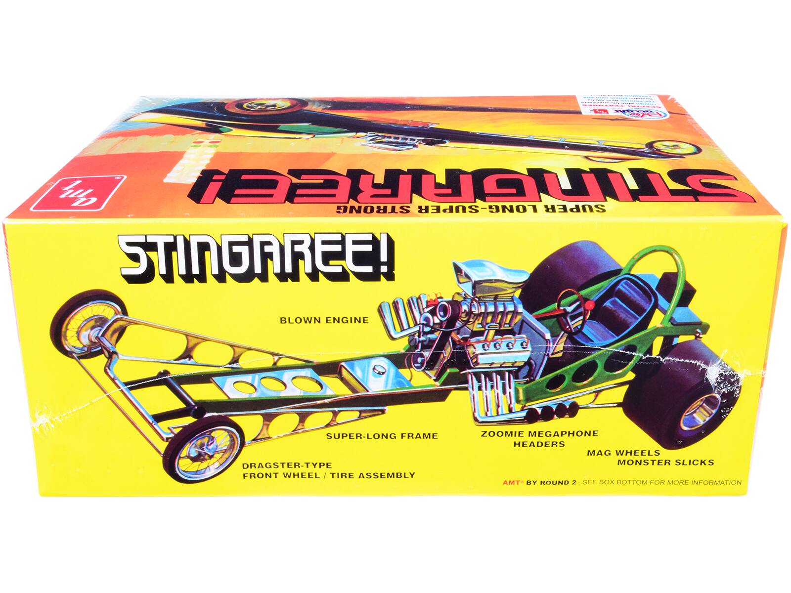 STINGAREE!  
SUPER-NOVA STORM  
BLOWN ENGINE  
SUPER-LONG FRAME  
DRAGSTER-TYPE FRONT WHEEL / TIRE ASSEMBLY  
ZOOMIE MEGAPHONE HEADERS  
MAG WHEELS  
MONSTER SLICKS  
AMT BY ROUND 2 - SEE BOX BOTTOM FOR MORE INFORMATION