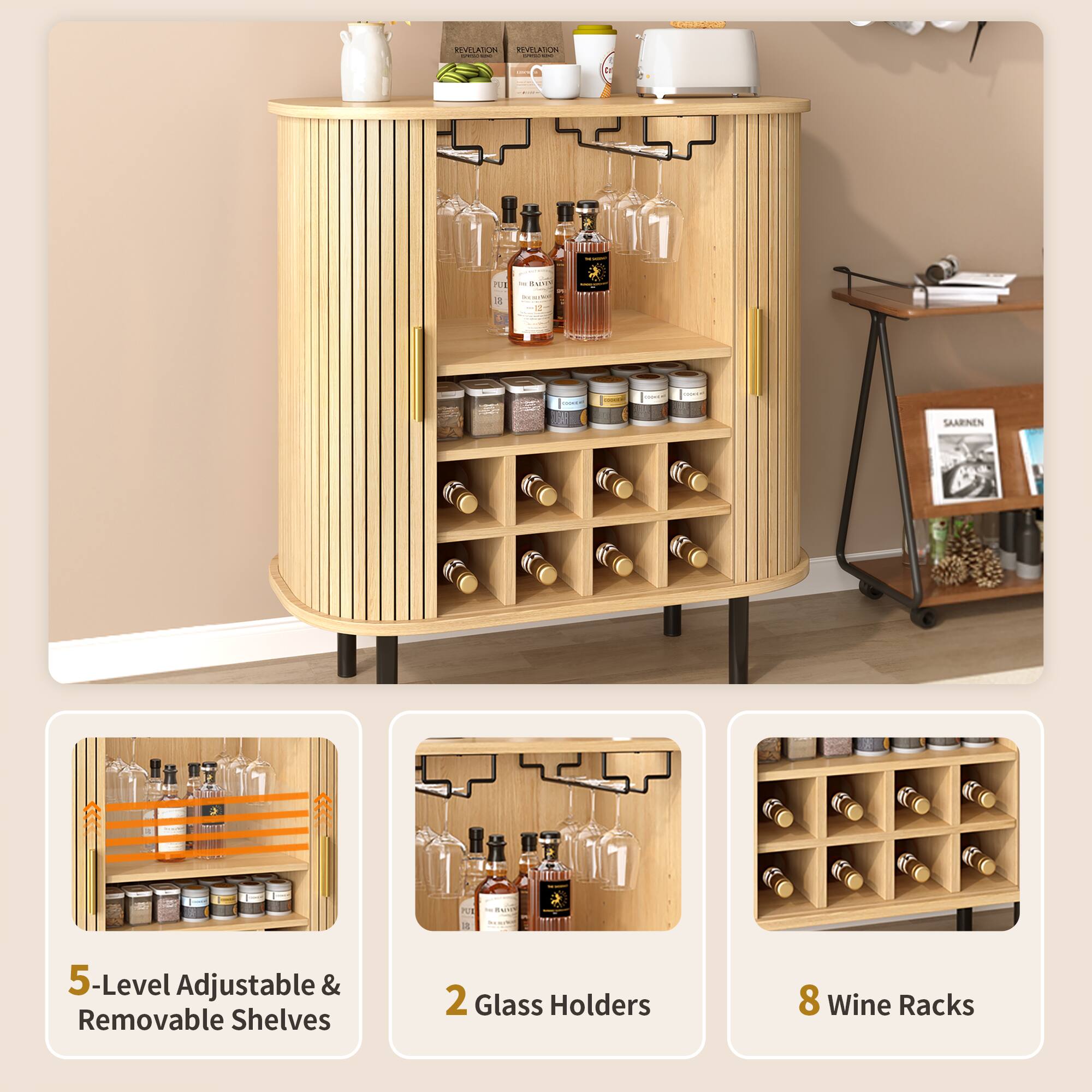 AS400 Revelation | FLE - w I - SAARNEN NE  
5-Level Adjustable & Removable Shelves  
2 Glass Holders  
8 Wine Racks