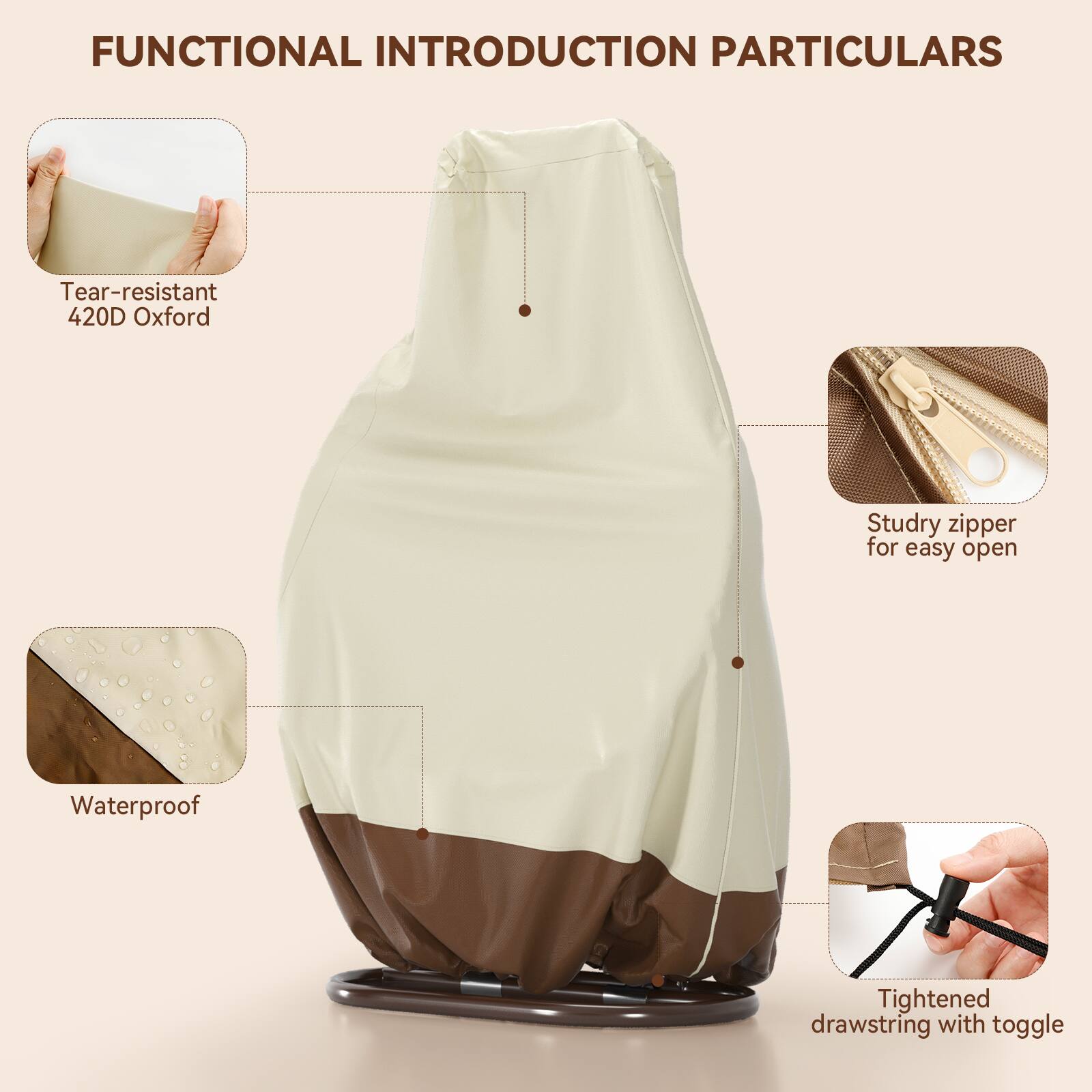 FUNCTIONAL INTRODUCTION PARTICULARS

- Tear-resistant 420D Oxford
- Studry zipper for easy open
- Waterproof
- Tightened drawstring with toggle