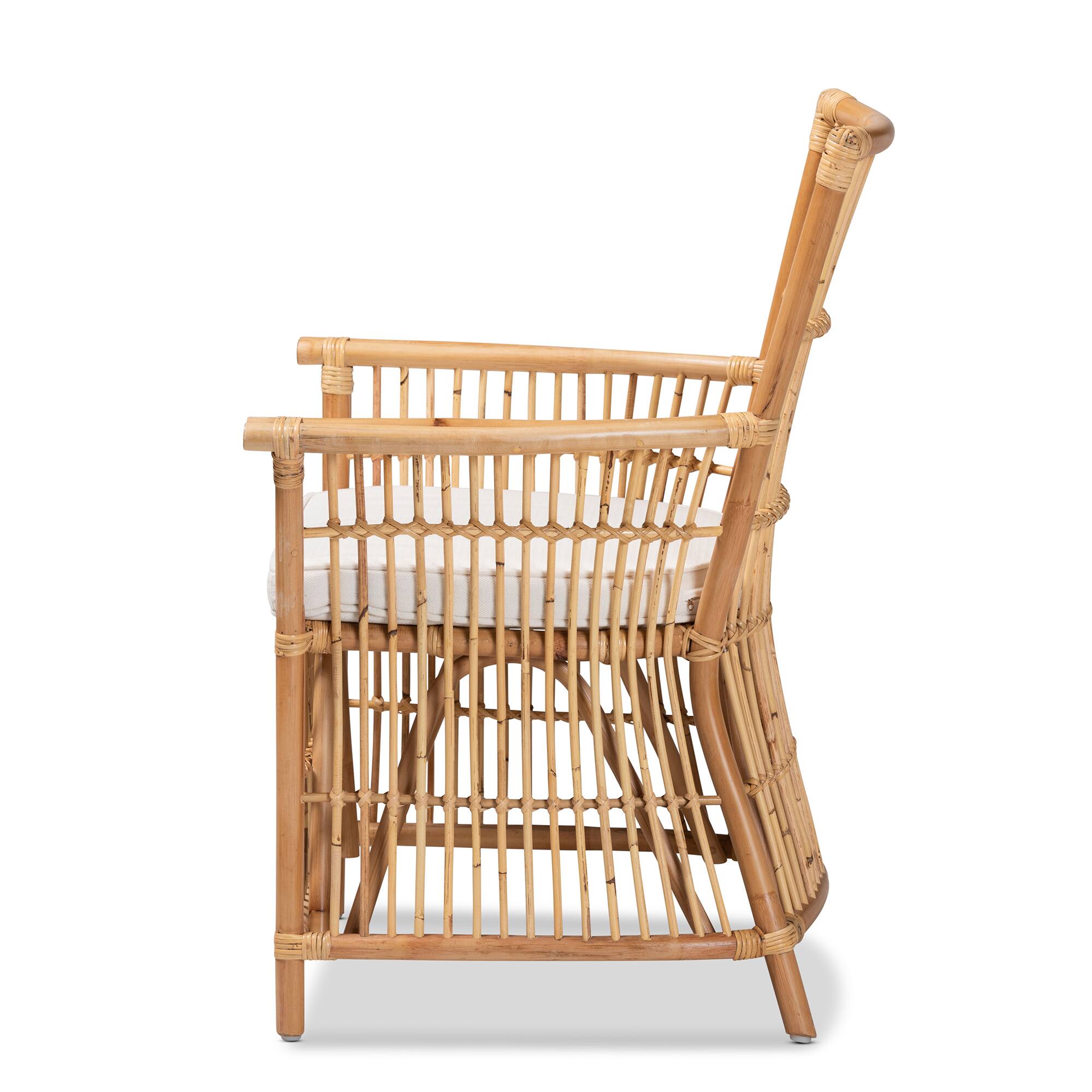 Left. bali & pari - Rose Modern Bohemian Fabric Upholstered and Rattan Armchair - White/Natural Brown.