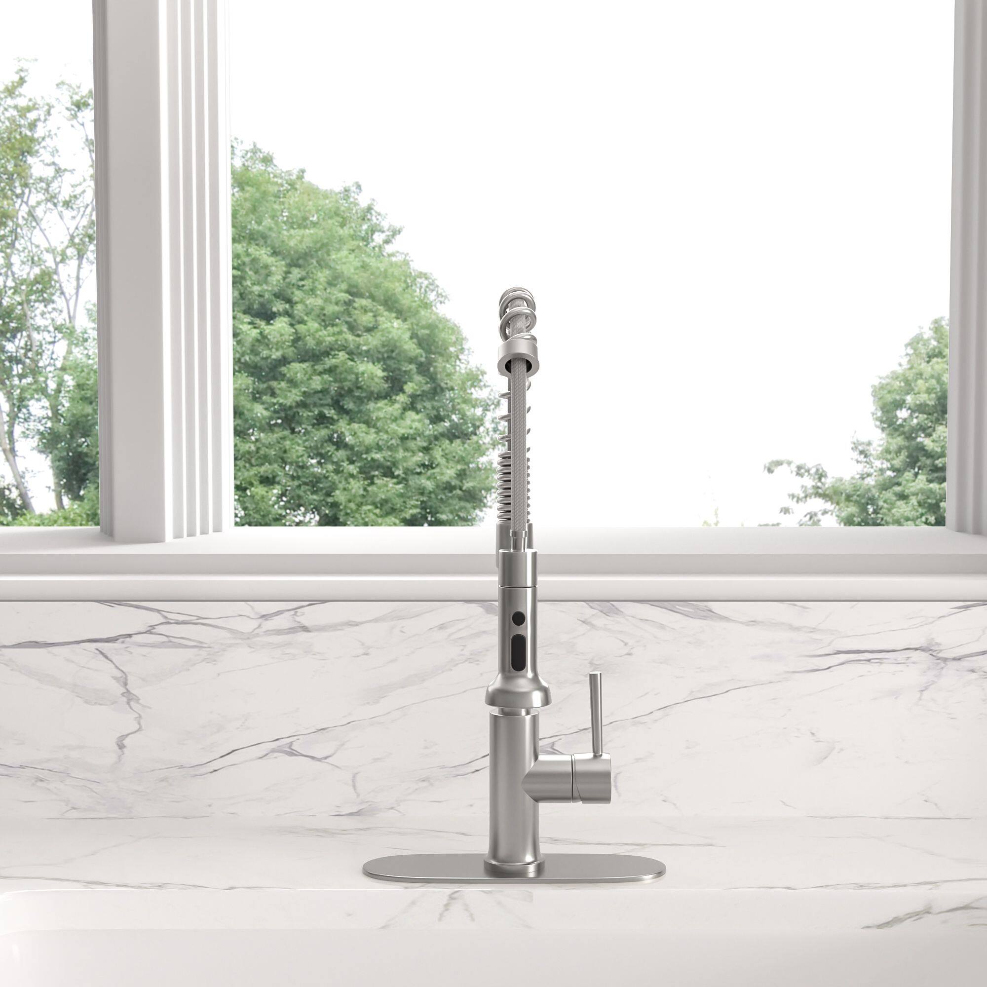 Angle. Lordear - Commercial Kitchen Faucet with Dual Function Pull-Down Sprayhead in Brushed Nickel Finish - Brushed Nickel.