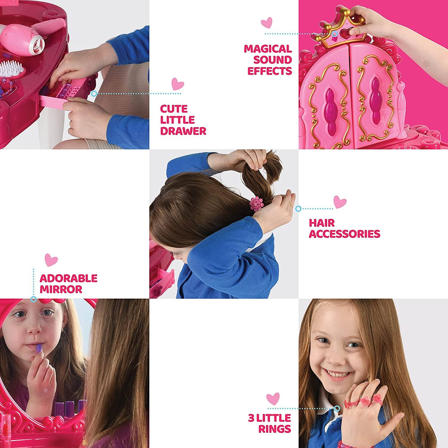 - CUTE LITTLE DRAWER
- MAGICAL SOUND EFFECTS
- ADORABLE MIRROR
- HAIR ACCESSORIES
- 3 LITTLE RINGS