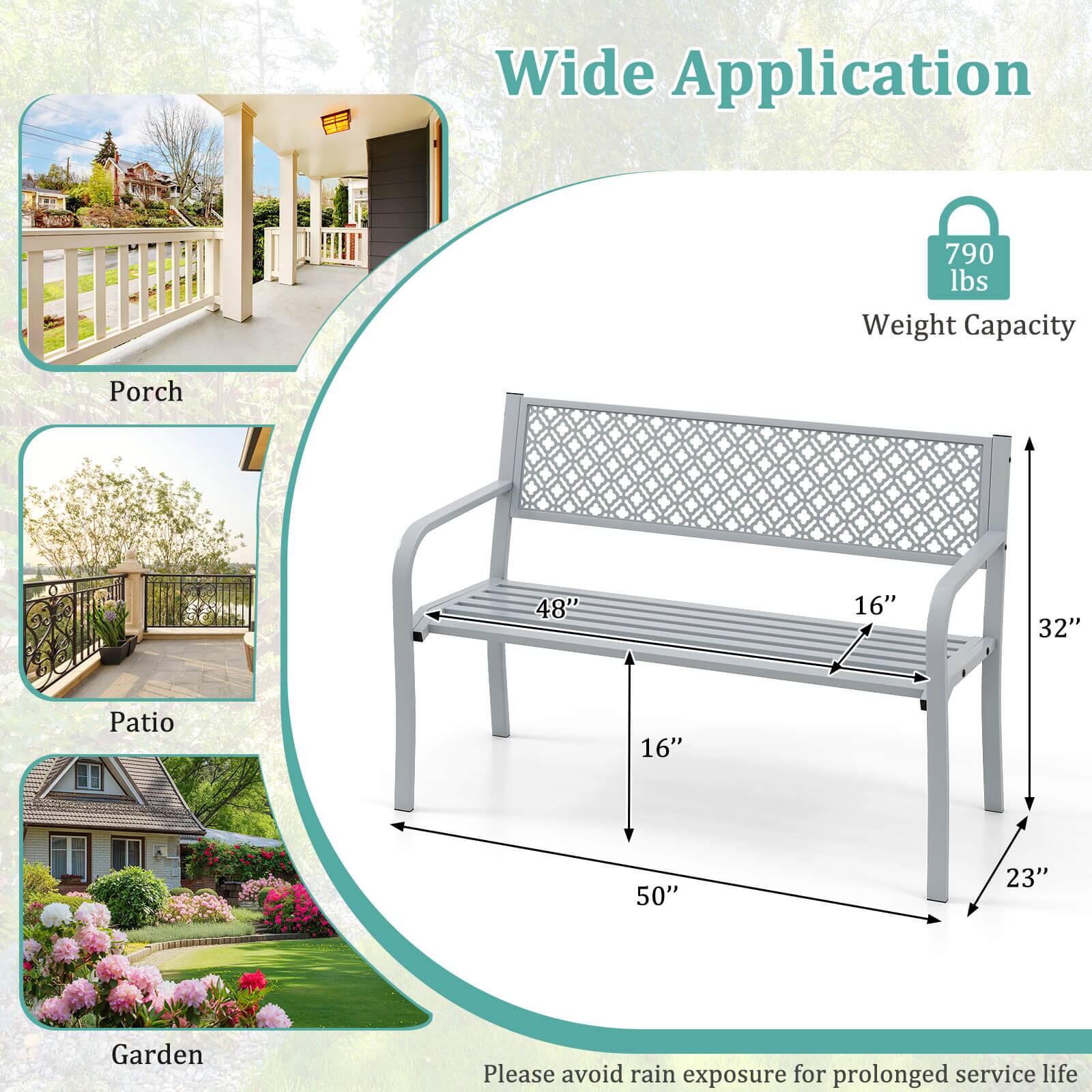 Wide Application

790 lbs Weight Capacity

Porch
48"
16"
32"

Patio
16"
50"
23"

Garden

Please avoid rain exposure for prolonged service life