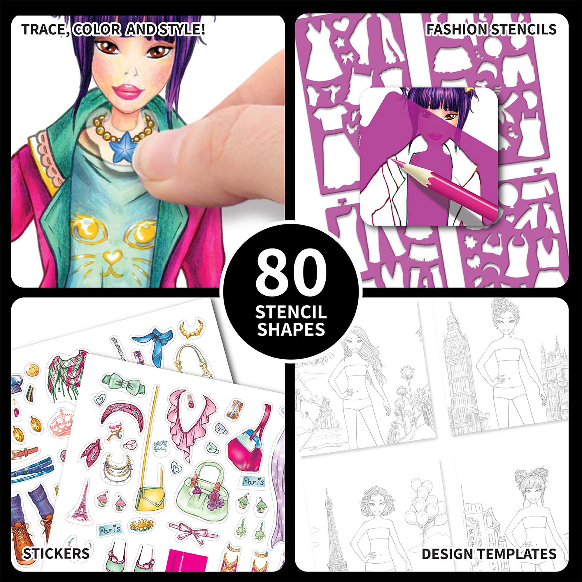 The image features a collection of fashion-themed items, including a book with a woman on the cover, a stencil book with a woman on the cover, and a book of fashion stickers. The book with the woman on the cover is titled "80 Stencil Shapes." The stencil book and the fashion stickers book are both titled "Fashion Stencils." The image also includes a hand holding a pen, suggesting that the books are meant for creative activities or artistic expression.