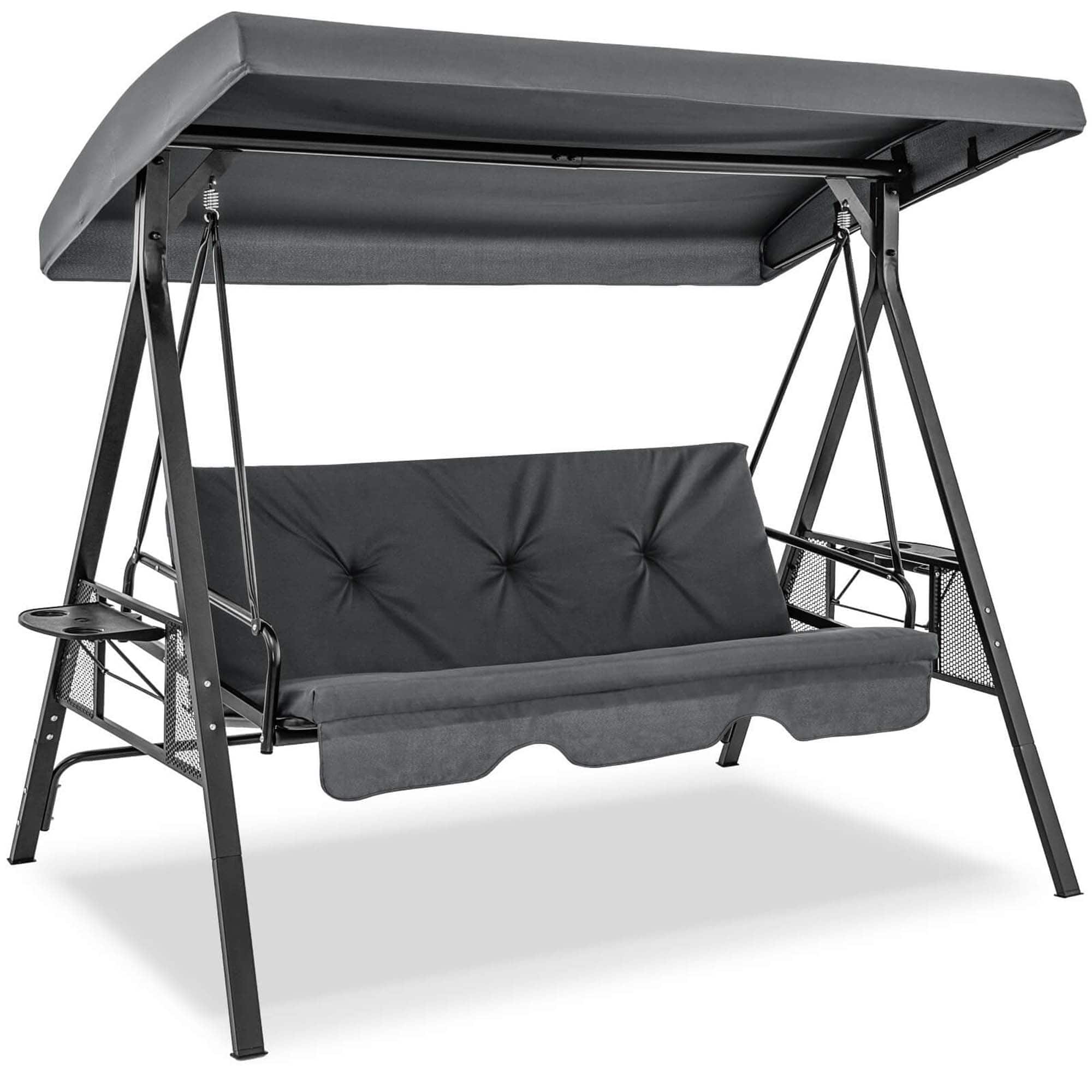 Front. Costway - 3-Seat Patio Porch Swing with Adjustable Canopy Soft Seat Back Cushions Side Tables - Grey.