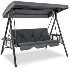 Front. Costway - 3-Seat Patio Porch Swing with Adjustable Canopy Soft Seat Back Cushions Side Tables - Grey.