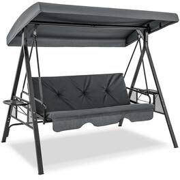 Costway - 3-Seat Patio Porch Swing with Adjustable Canopy Soft Seat Back Cushions Side Tables - Gray