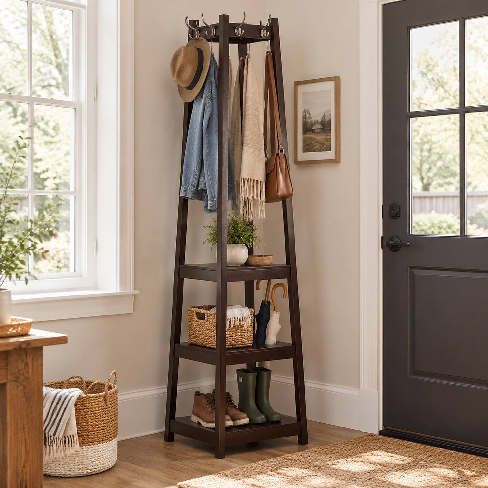 Left. RYHNUYNE - Vassen Coat Rack, 3-Tier Storage Shelves, Espresso Wood Finish, 17.5 x 17.5 x 72 in, Silver Hooks - Espresso.