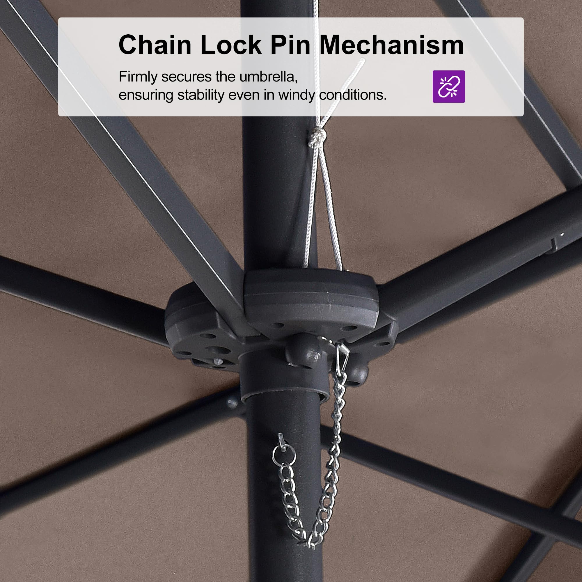 Chain Lock Pin Mechanism  
Firmly secures the umbrella, ensuring stability even in windy conditions.