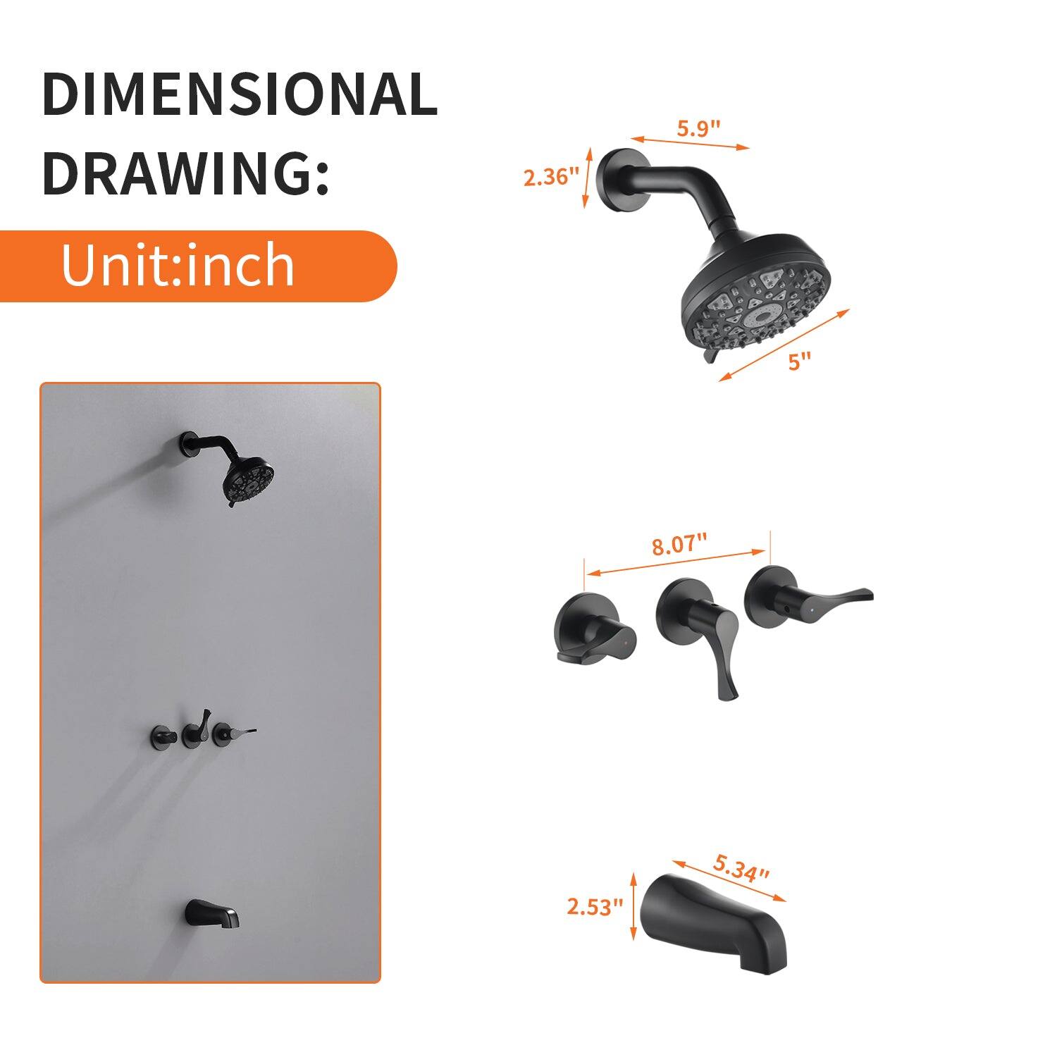 DIMENSIONAL DRAWING:  
Unit: inch  

- 2.36"  
- 5.9"  
- 5"  
- 8.07"  
- 2.53"  
- 5.34"