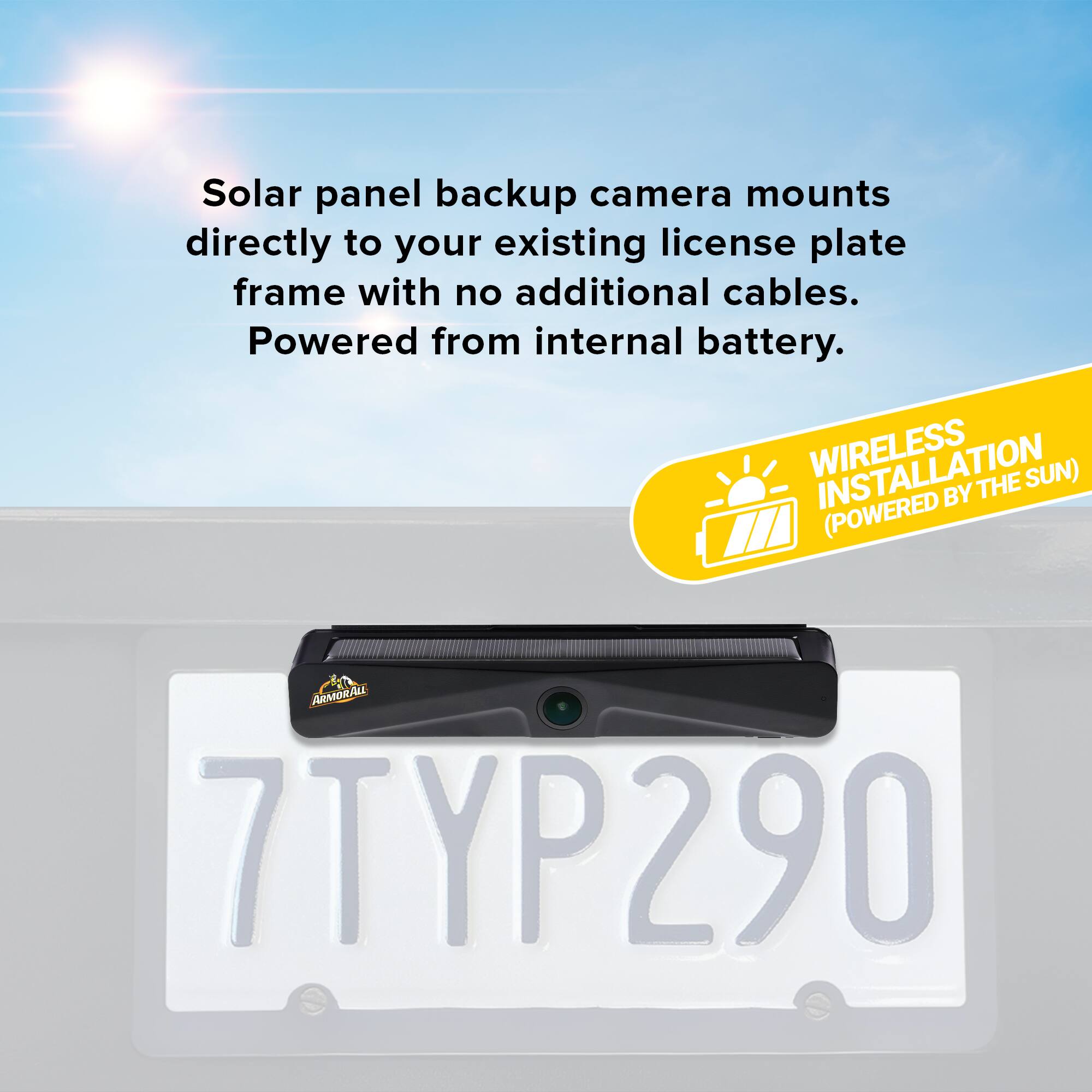 Solar panel backup camera mounts directly to your existing license plate frame with no additional cables. Powered from internal battery. WIRELESS INSTALLATION (POWERED BY THE SUN)