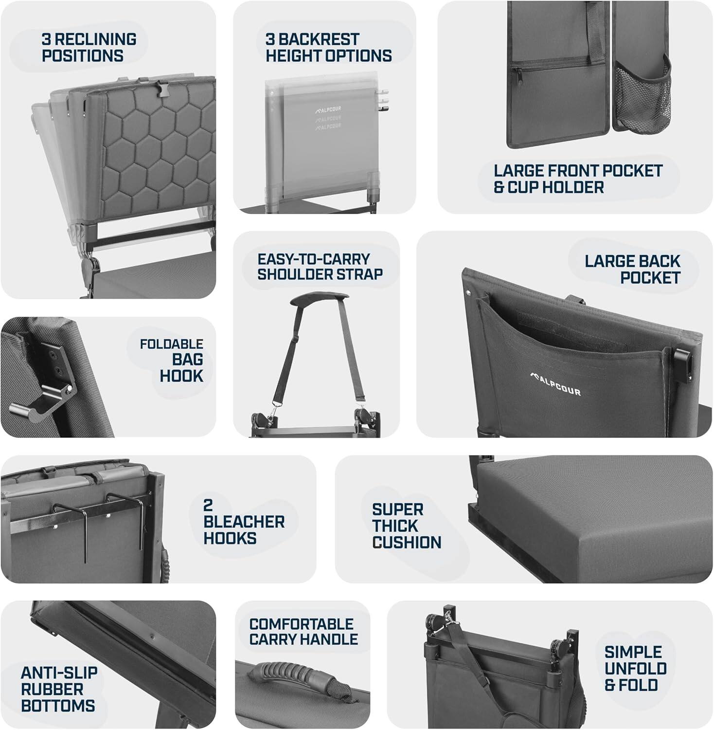- 3 RECLINING POSITIONS
- 3 BACKREST HEIGHT OPTIONS
- LARGE FRONT POCKET & CUP HOLDER
- LARGE BACK POCKET
- EASY-TO-CARRY SHOULDER STRAP
- FOLDABLE BAG HOOK
- 2 BLEACHER HOOKS
- SUPER THICK CUSHION
- COMFORTABLE CARRY HANDLE
- ANTI-SLIP RUBBER BOTTOMS
- SIMPLE UNFOLD & FOLD