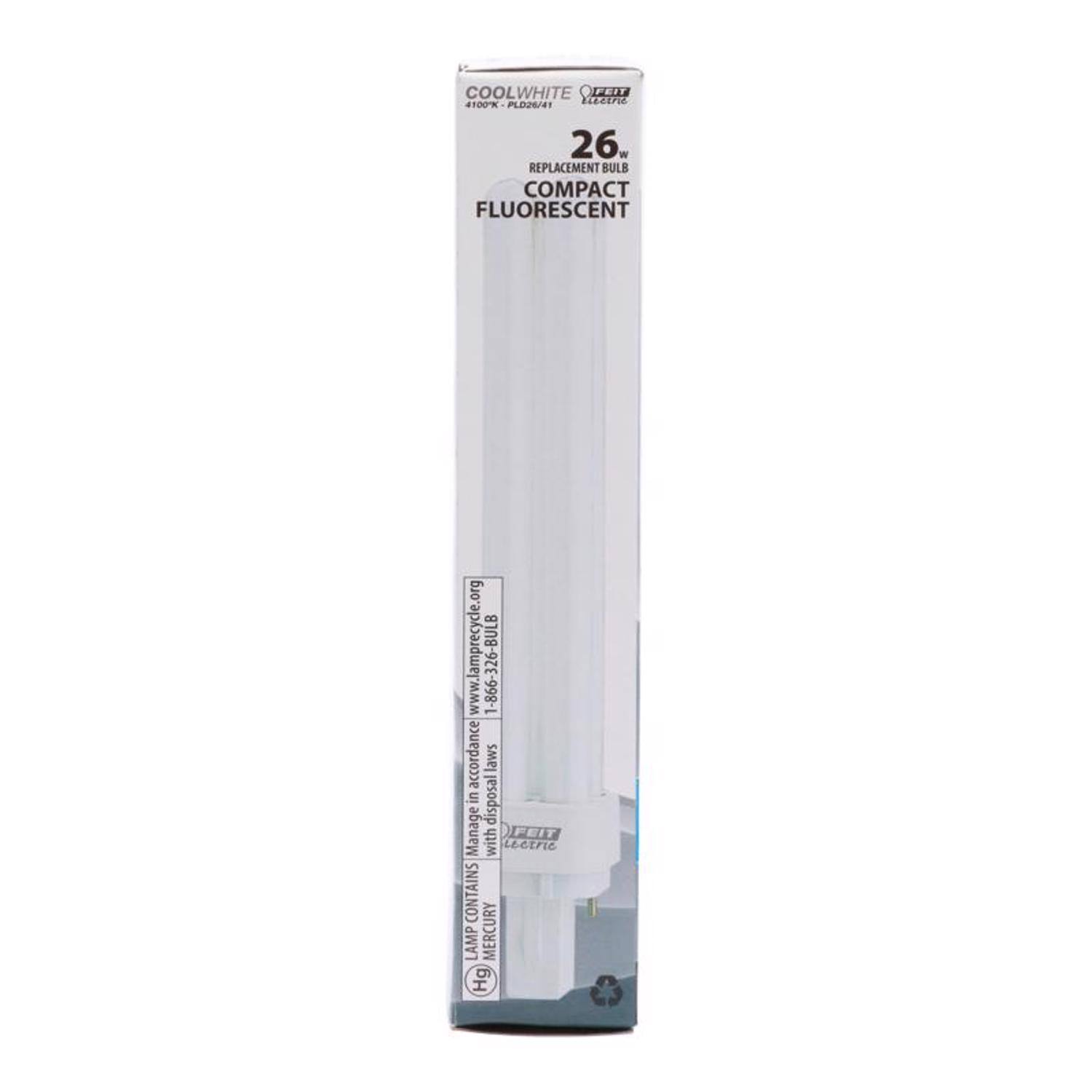 COOLWHITE OFEIT 1E2IP 100K PLO2/F1 26W REPLACEMENT BULB COMPACT FLUORESCENT  
www.lamprecycle.org  
www.1-866-326-BULB  
Manage in accordance with laws in disposal  
FEIT ELECTRIC  
CONTAINS LAMP MERCURY Hg