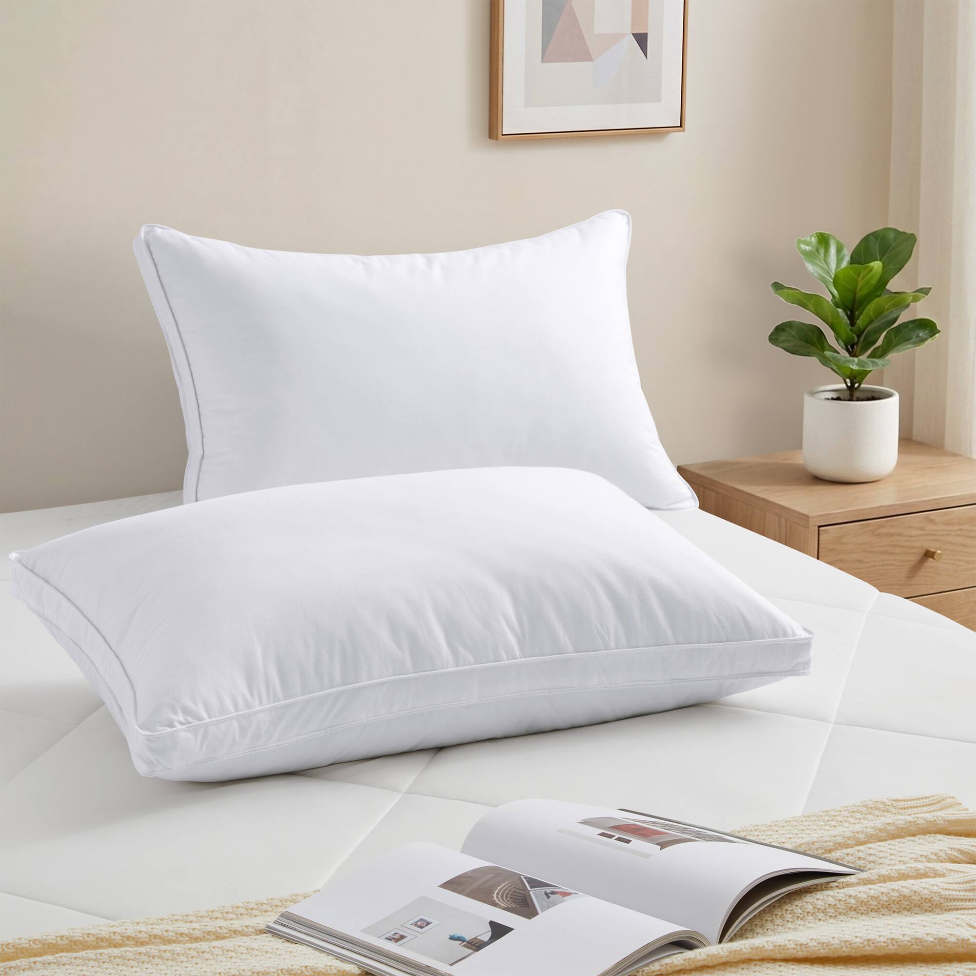 Front. Peace Nest - Peace Nest Cotton Cover Goose Feather Pillows for Side & Back Sleepers Set of 2, Gusseted, Queen - Gusseted.