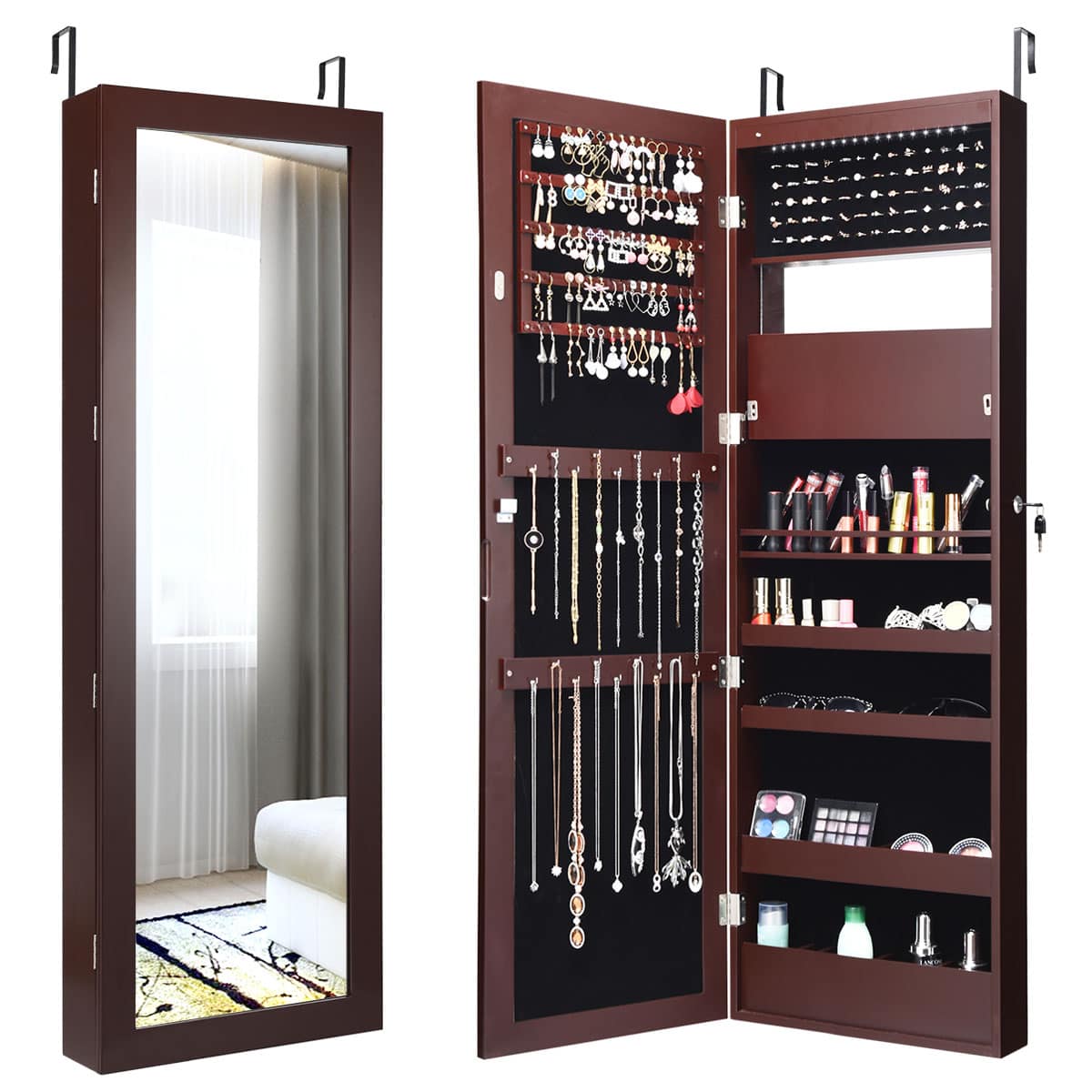 Costway - Wall Door Mounted Mirror Jewelry Cabinet Organizer LED Lights - Reddish Brown