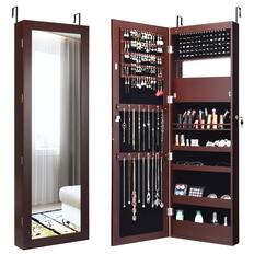 Front. Costway - Costway Wall Door Mounted Mirror Jewelry Cabinet Organizer LED Lights - Reddish Brown.