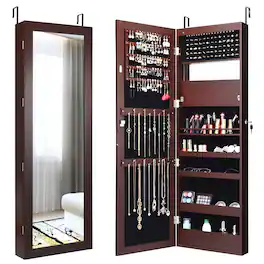 Costway - Wall Door Mounted Mirror Jewelry Cabinet Organizer LED Lights - Reddish Brown