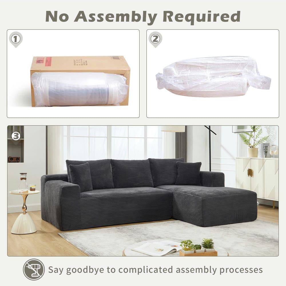 No Assembly Required

1. [Image of a rolled-up item in a box]
2. [Image of a cushion in plastic wrap]
3. [Image of a fully assembled sofa]

Say goodbye to complicated assembly processes