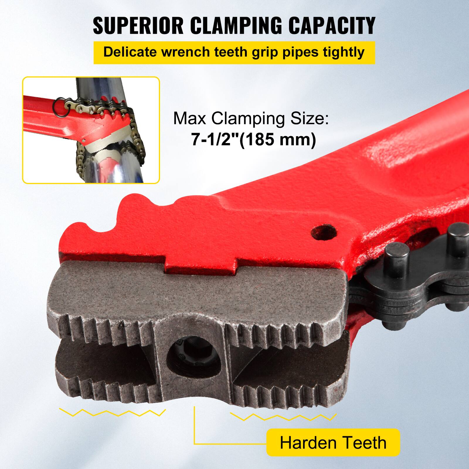 SUPERIOR CLAMPING CAPACITY  
Delicate wrench teeth grip pipes tightly  

Max Clamping Size:  
7-1/2" (185 mm)  

Harden Teeth