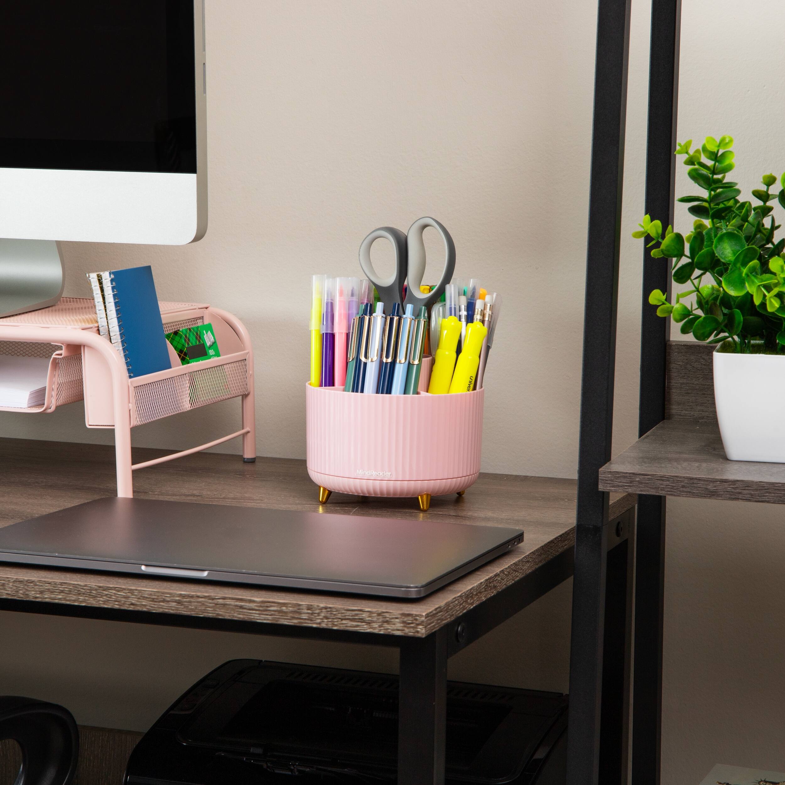 Alt View 1. Mind Reader - Rotating Pen Cup, 5-Compartment Accessory Holder for Desk Supplies, Desktop Organizer, Plastic - Pink.