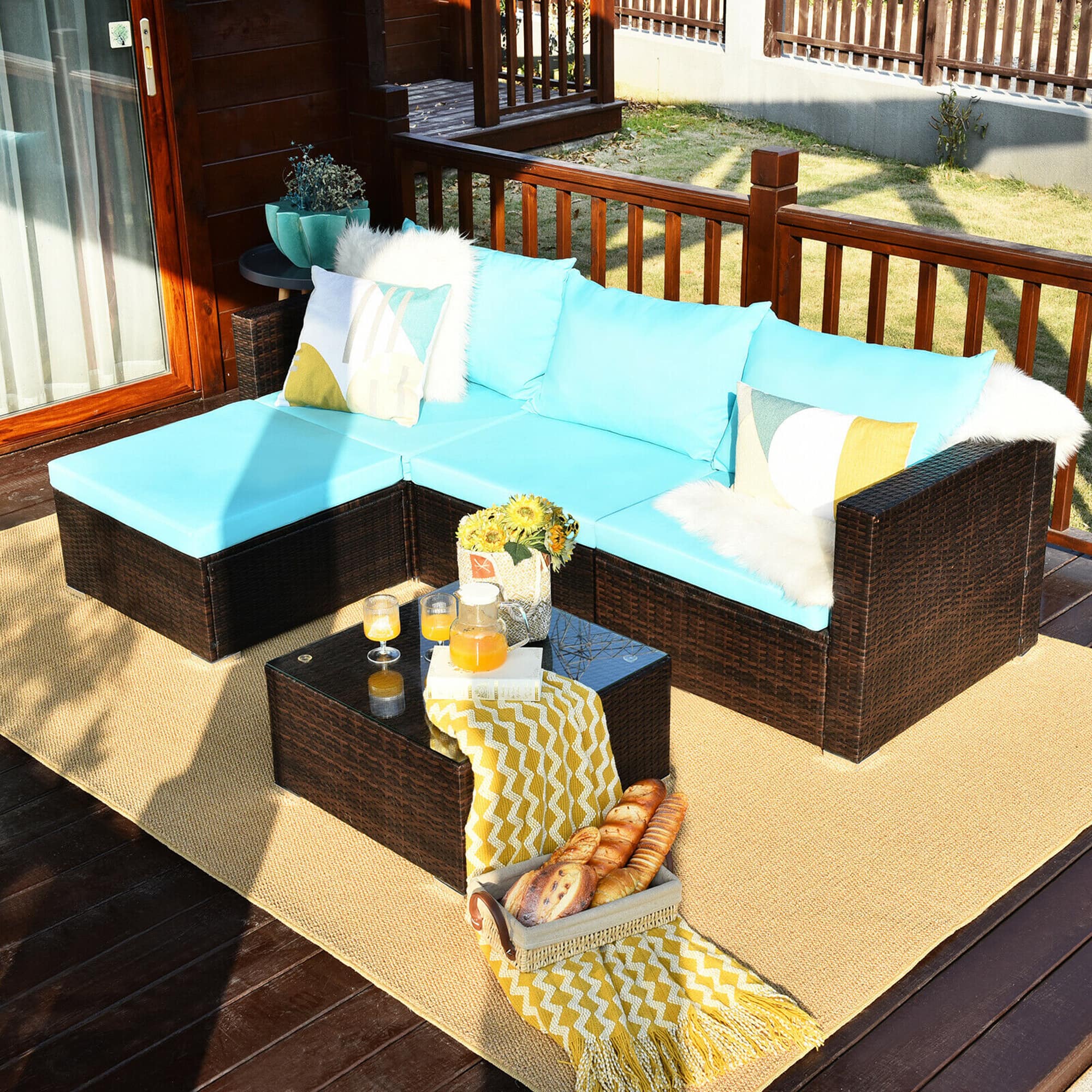Gymax - 5PCS Cushioned Rattan Patio Conversation Set w/ Coffee Table Ottoman - Blue price history on PriceWatchPro