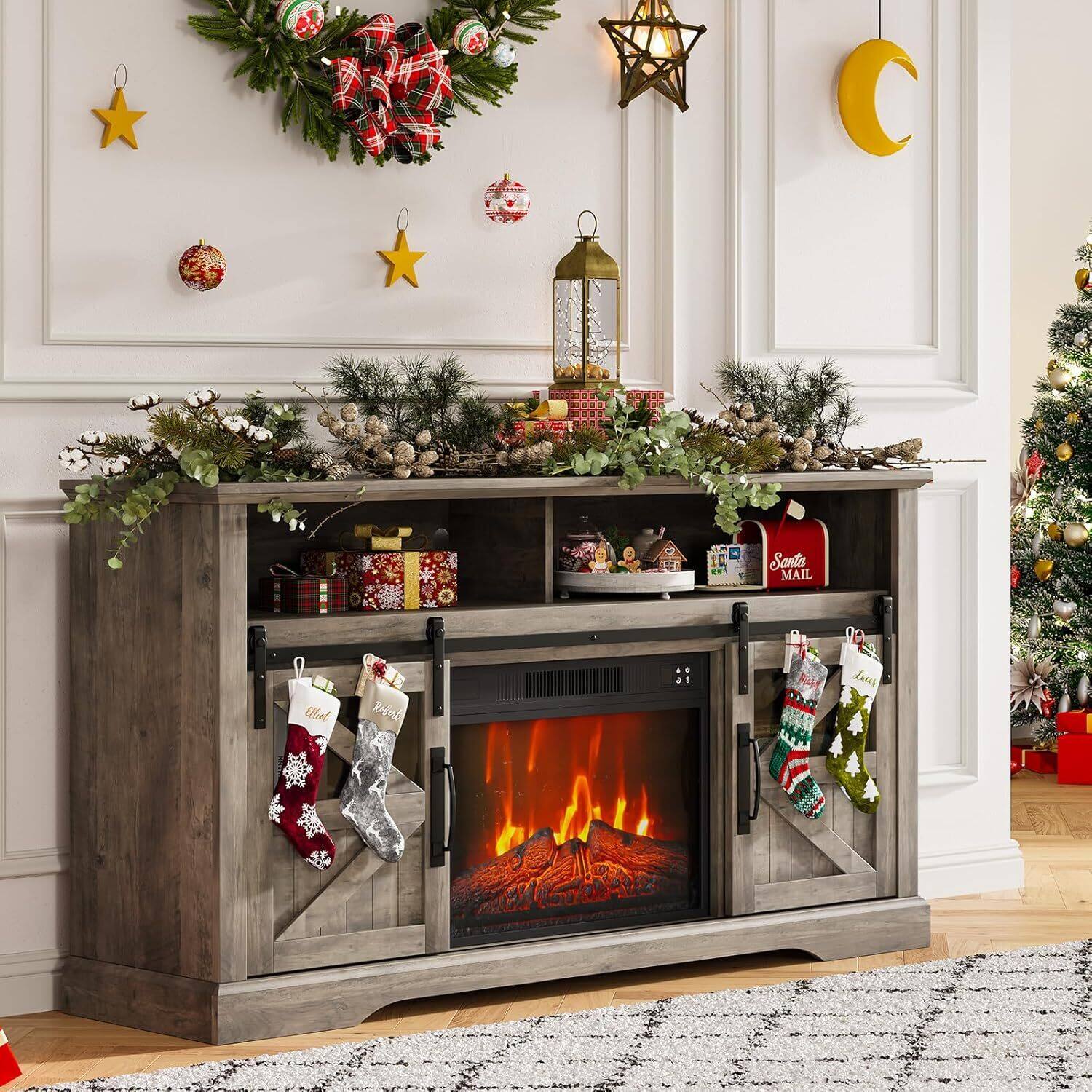 Qeetex - Farmhouse Electric Fireplace TV Stand Entertainment Center for Living Room, Grey