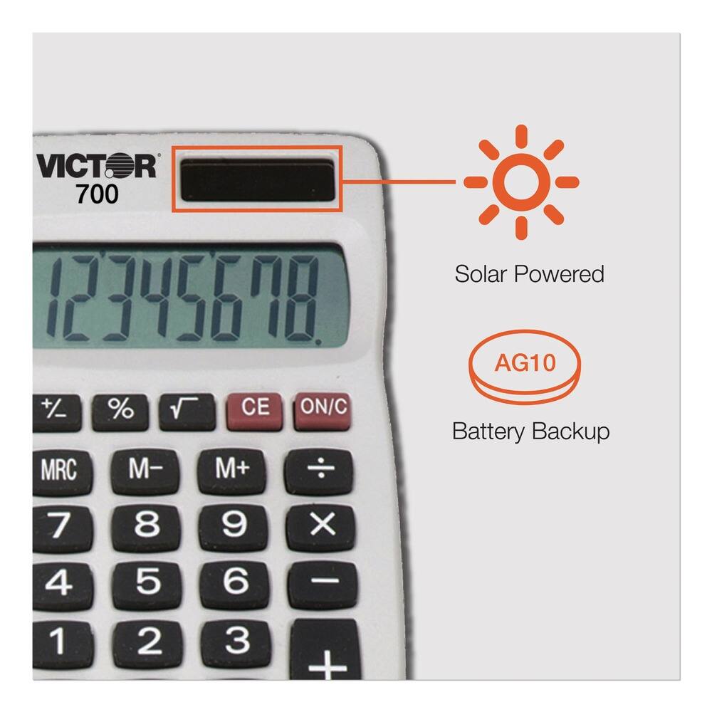 VICTOR 700  
12345678  
+/ % √ CE ON/C MRC M- M+  
Solar Powered  
AG10 Battery Backup