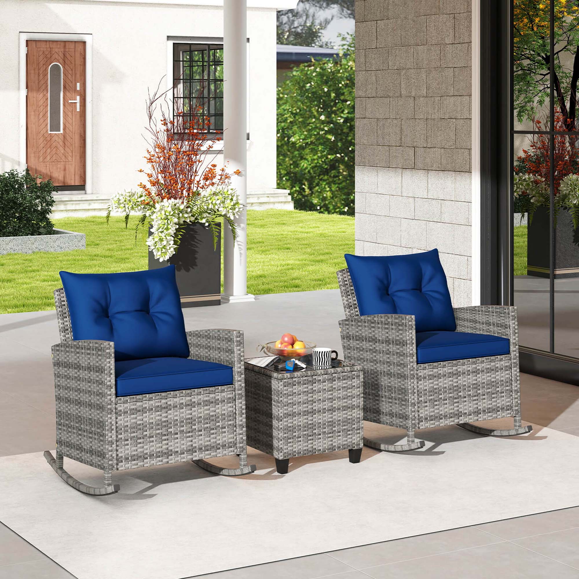 Alt View 3. Costway - 3 PCS Patio Wicker Rocking Set with Tempered Glass Table & Soft Cushions Outdoor - Navy.