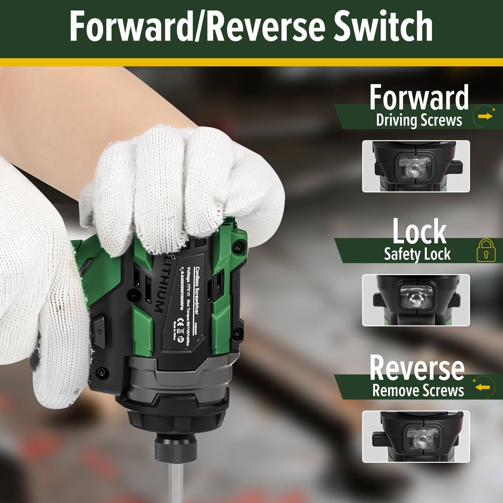 Forward/Reverse Switch

- Forward: Driving Screws
- Lock: Safety Lock
- Reverse: Remove Screws