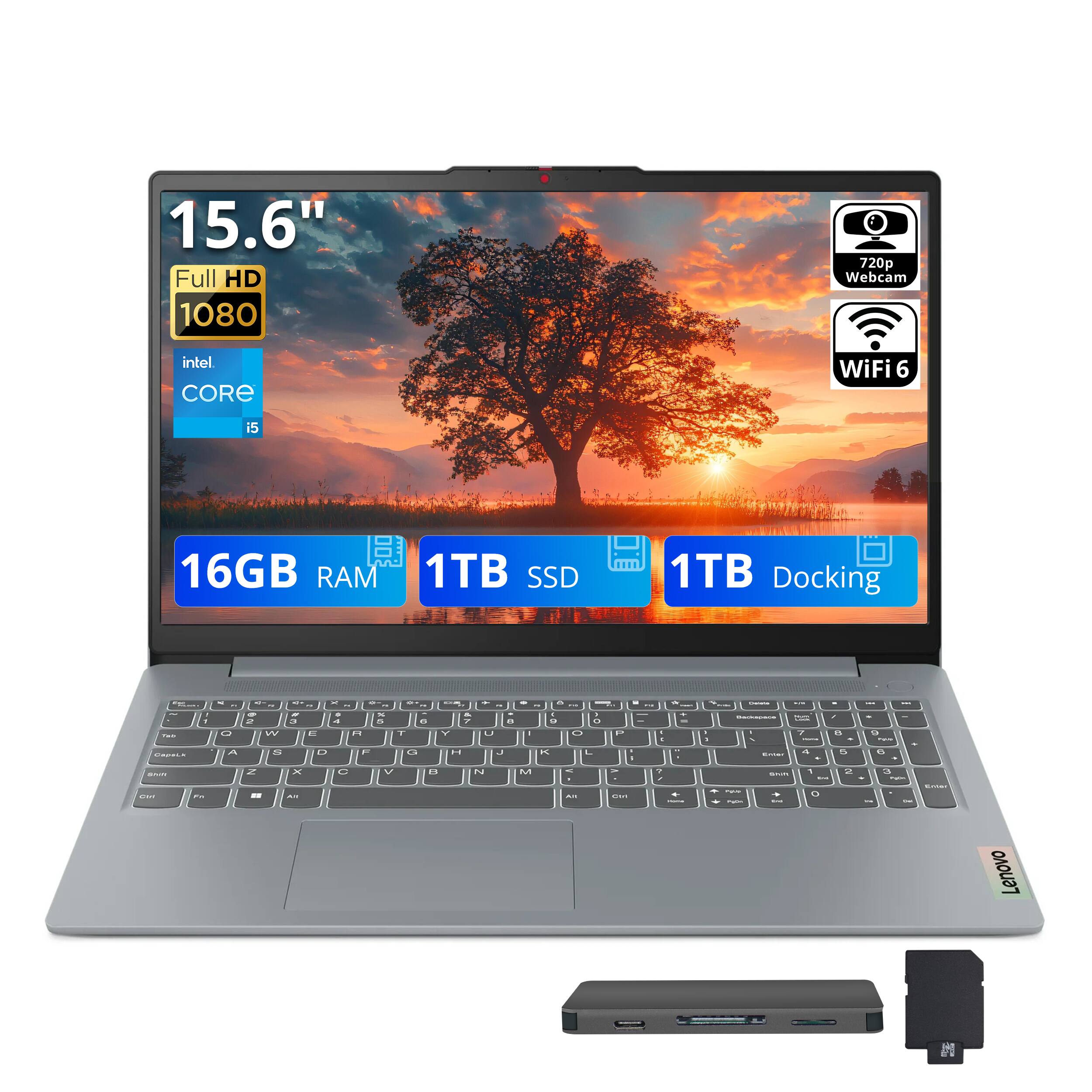 15.6" Full HD 1080p  
720p Webcam  
Intel Core i5  
WiFi 6  
16GB RAM  
1TB SSD  
1TB Docking  

Lenovo