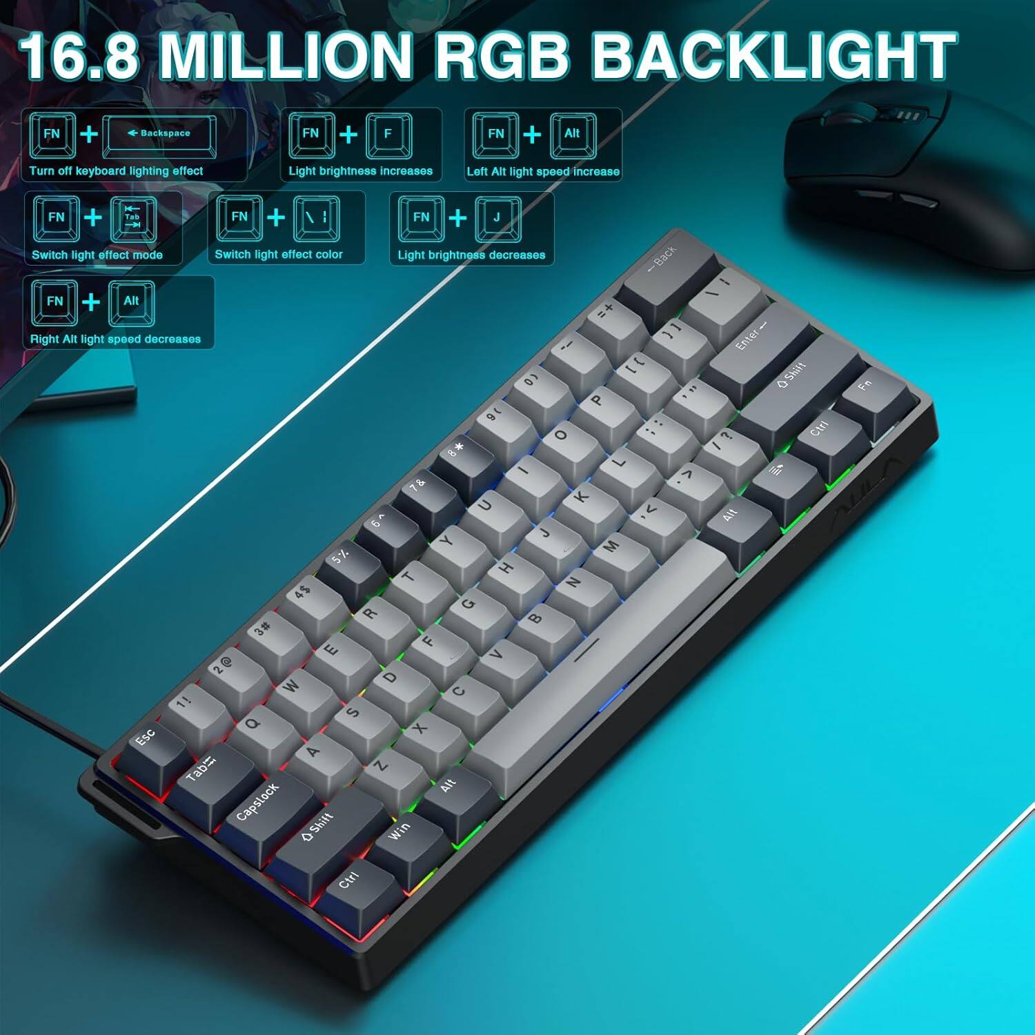 16.8 MILLION RGB BACKLIGHT

- FN + Backspace: Turn off keyboard lighting effect
- FN + F: Light brightness increases
- FN + Alt: Left Alt light speed increases
- FN + Tab: Switch light effect mode
- FN + /: Switch light effect color
- FN + J: Light brightness decreases
- FN + Alt: Right Alt light speed decreases
- FN + Alt: Right Alt light speed increases