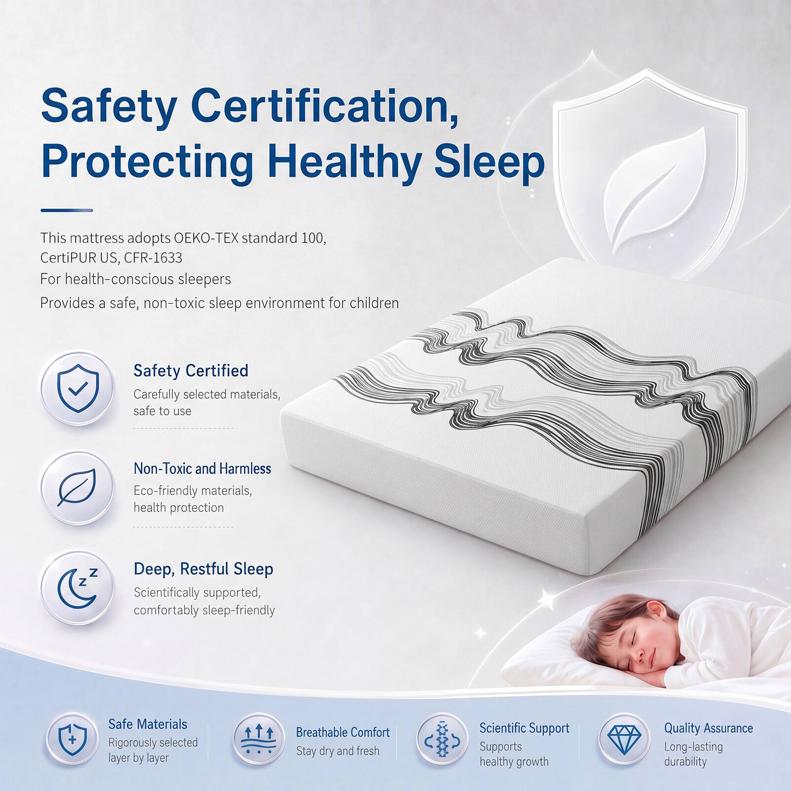 Safety Certification, Protecting Healthy Sleep

This mattress adopts OEKO-TEX standard 100, CertiPUR US, CFR-1633

For health-conscious sleepers

Provides a safe, non-toxic sleep environment for children

Safety Certified
Carefully selected materials, safe to use

Non-Toxic and Harmless
Eco-friendly materials, health protection

Deep, Restful Sleep
Scientifically supported, comfortably sleep-friendly

Safe Materials
Rigorously selected layer by layer

Breathable Comfort
Stay dry and fresh

Scientific Support
Supports healthy growth

Quality Assurance
Long-lasting durability